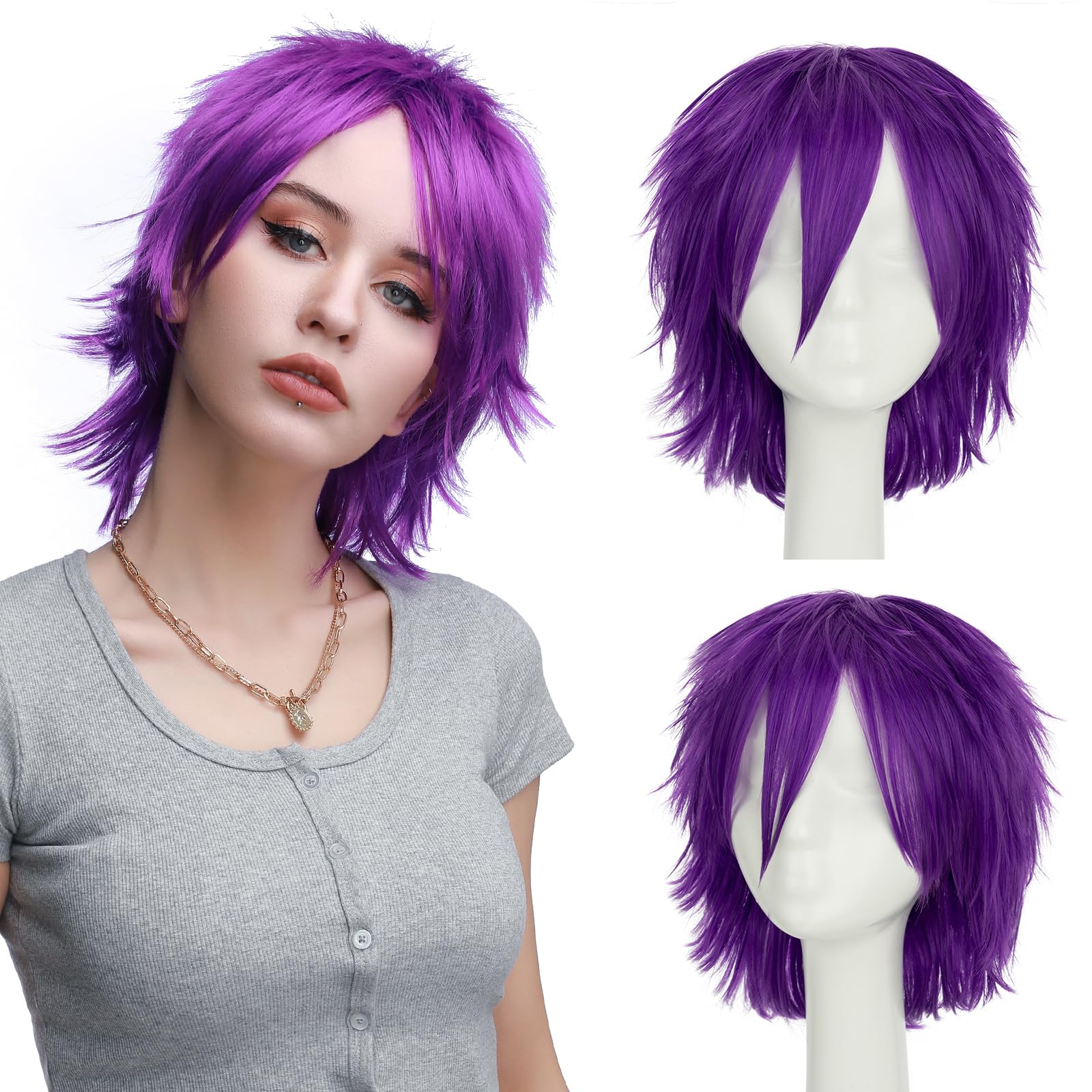 New purple cosplay wig short & long adjustable Amazon.com: S-noilite Unisex Short Purple Cosplay Wigs Women  main image 2