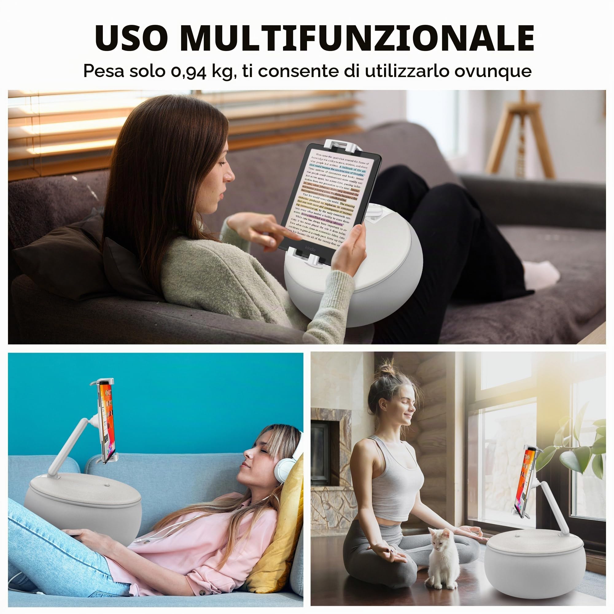 AboveTEK Supporto per Cuscino per iPad con Supporto a Mani Libere Girevole a 360° per Telefono e Tablet, per Letto Sdraiato con Sacchetto Morbido, Adatto per iPad/Tablet/Telefoni da 4,9 a 12,9"