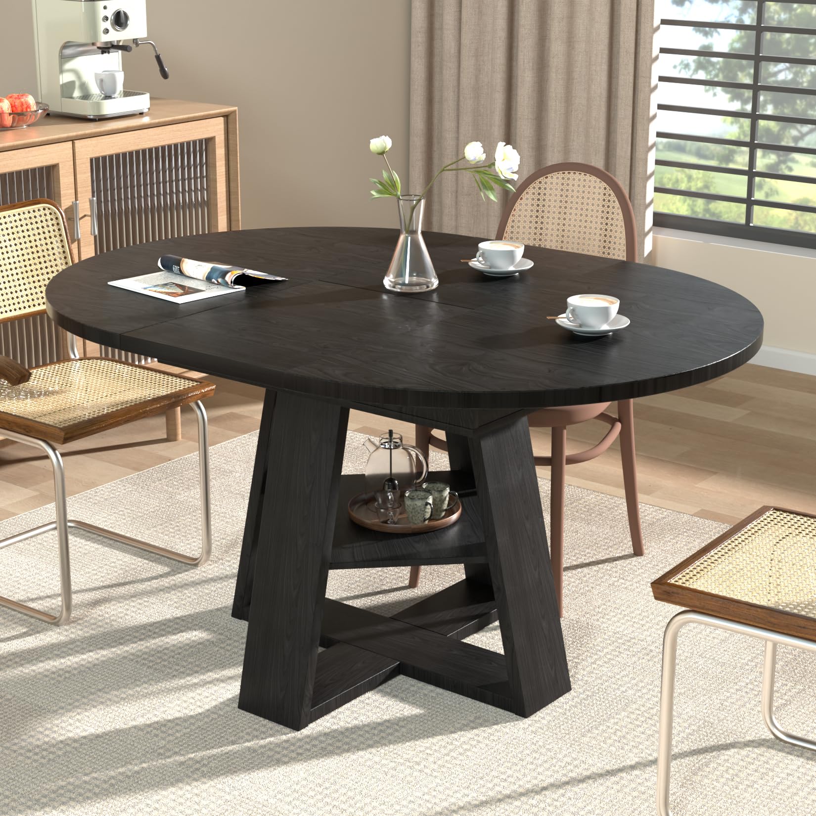 43 3in-59in Extendable Round Dining Table for 4-8 Oval Kitchen Dining Table Wood Base with Space Storage for