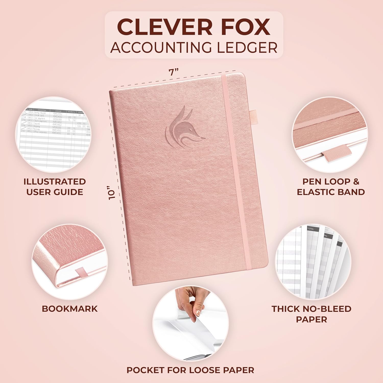 Clever Fox Accounting Ledger Book – Accounting Book for Small Businesses & Personal Use – Columnar Account Book Ledger for Tracking Money, Expenses, Deposits & Balance – Large, 7x10″ (Rose Gold)