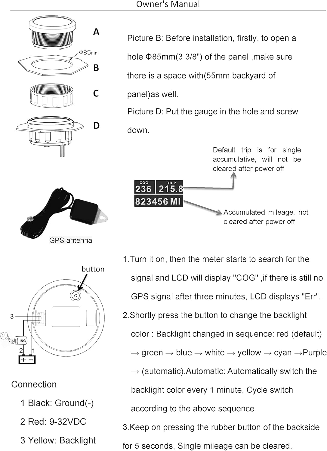 ELING 85mm Truck UTV GPS Speedometer Odometer 0-60MPH Speedo Gauge with Tripmeter Course Over Ground 12V 24V with 8 Colors Backlight