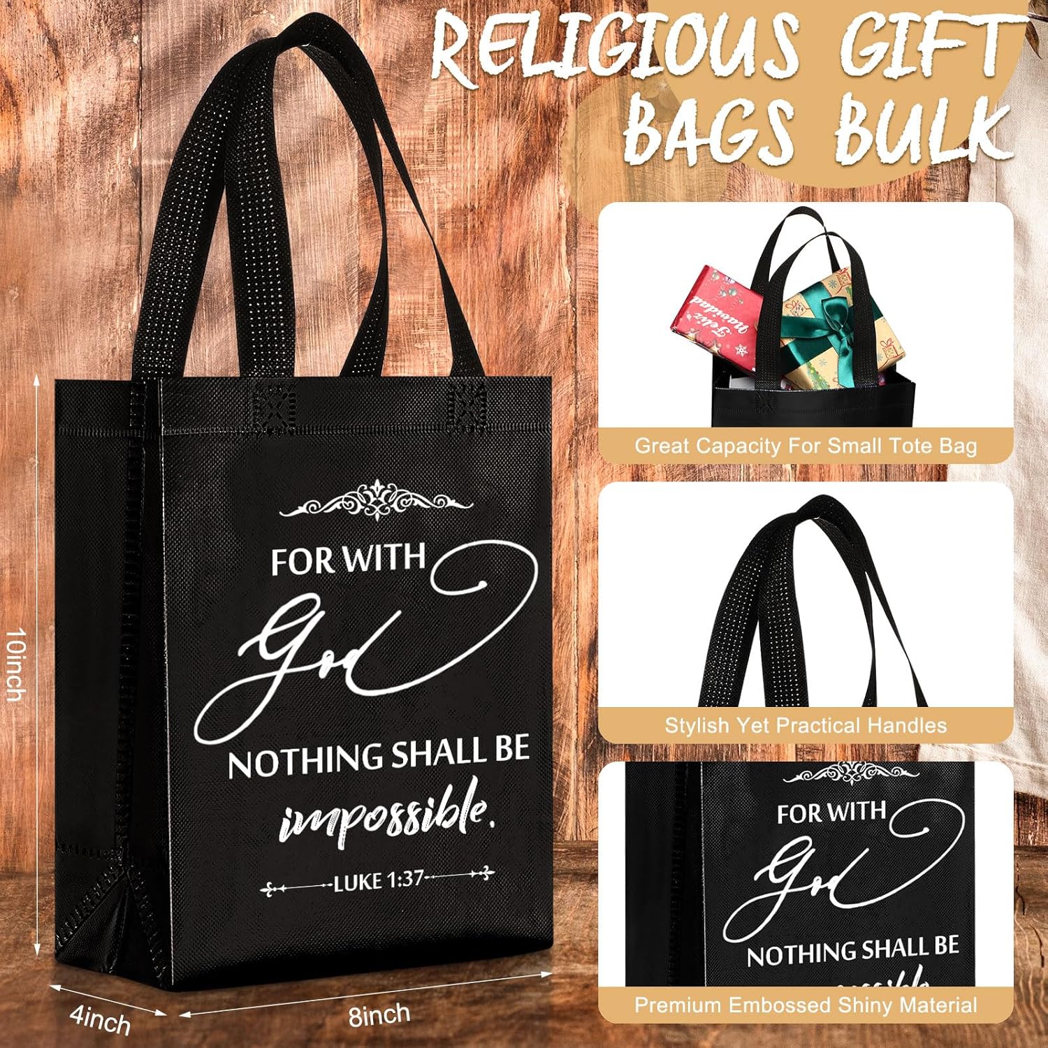 Aliceset 24 Pcs Christian Gift Bags Bulk with Handle Medium Size Bible Verse Religious Gift Bags Reusable Non Woven Church Welcome Totes for Baptism Galentines Birthday Party Favors (Black) - Image 3