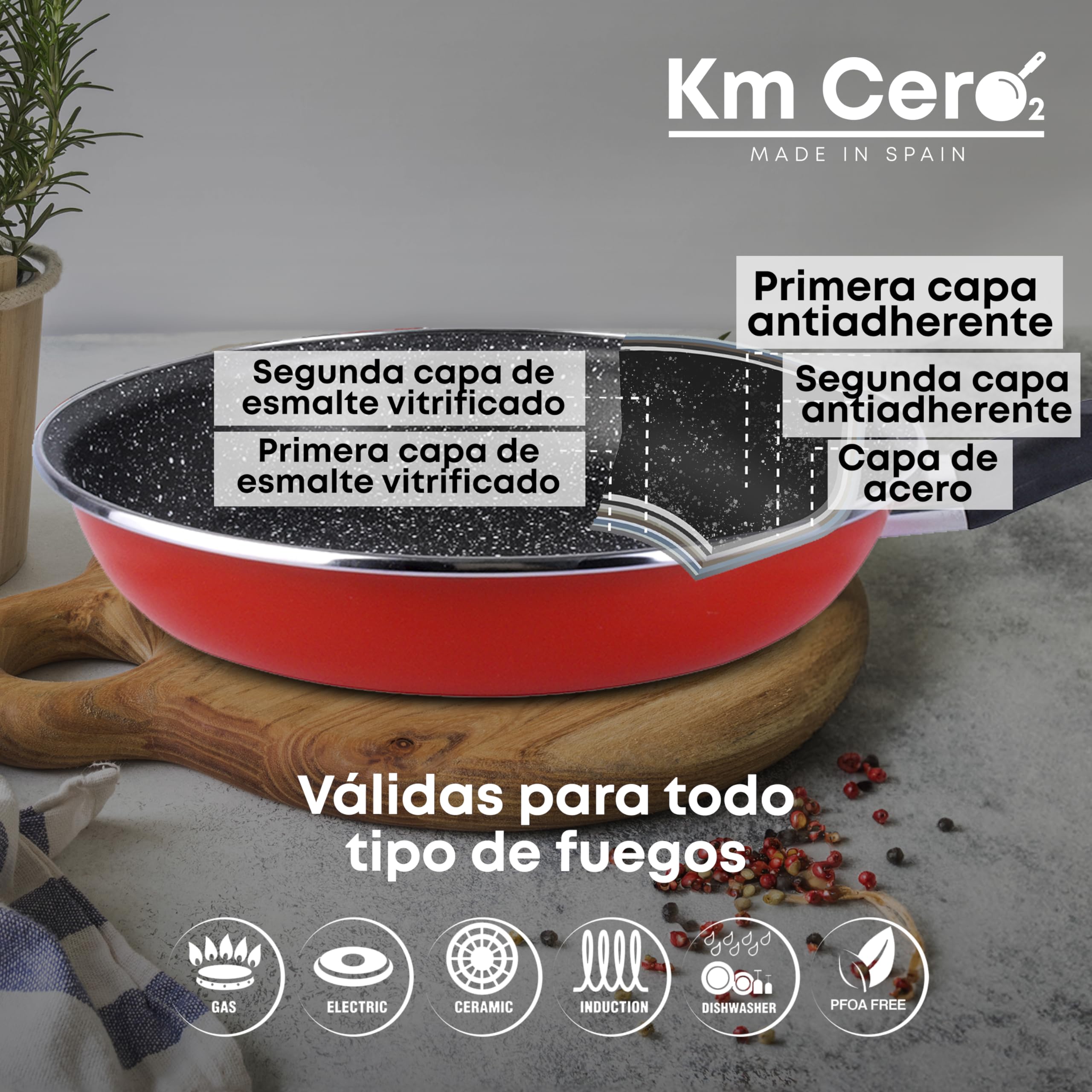 Magefesa K2 Rojo Juego de 3 sartenes (20/24/28)cm de acero vitrificado exterior rojo. Antiadherente bicapa reforzado efecto piedra, aptas para todo tipo de cocinas
