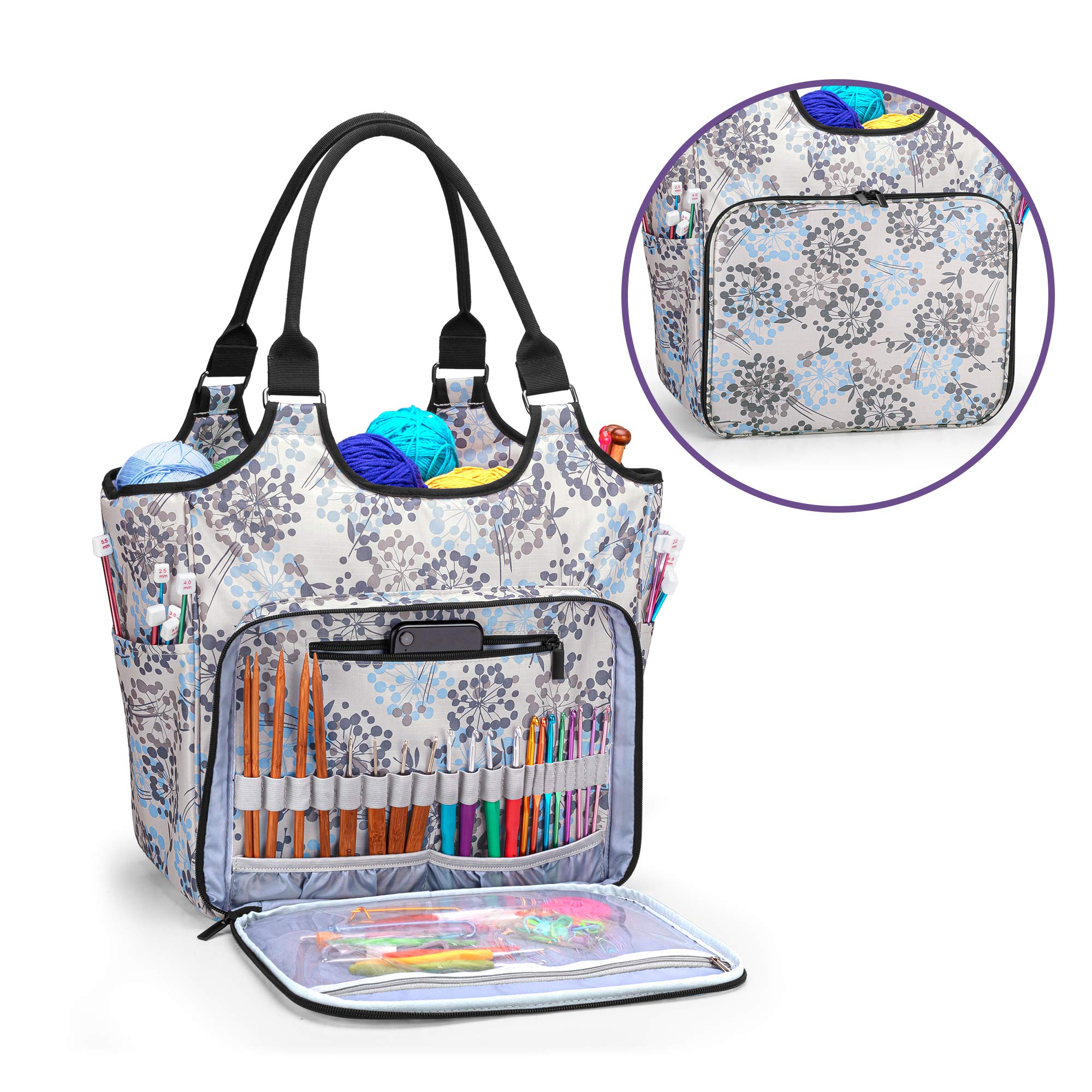 Yarwo Sac de Transport pour Aiguilles à Tricoter, Pelote et Fil de Laine - Rangement pour Accessoires de Tricot et Crochet, Pissenlit