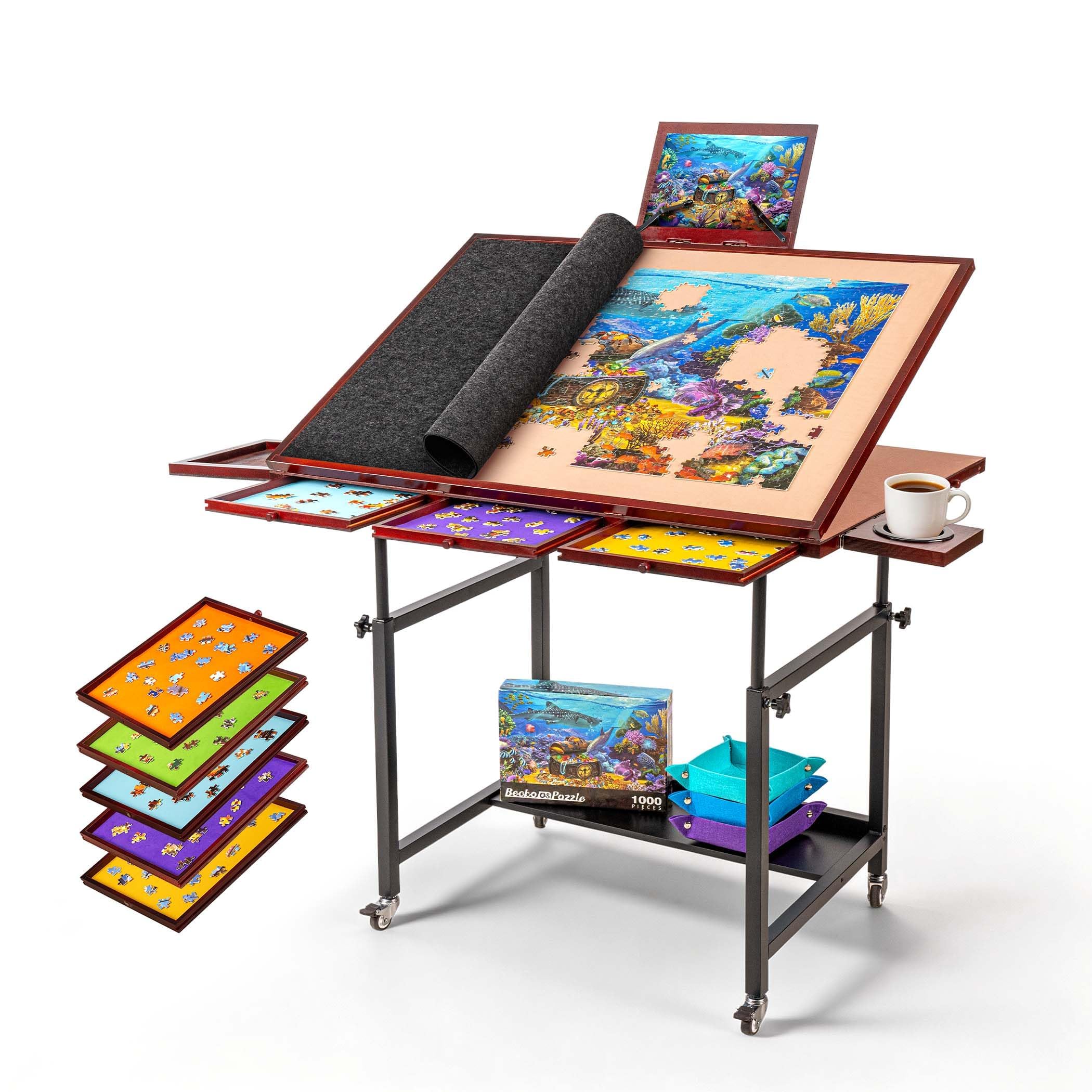 1500-teiliger Puzzletisch mit 5 Schubladen und Abdeckung, kippbare Puzzleplatte auf Rollen, 3 Neigungswinkel und Höhenverstellung, Getränkehalter und Halterung für Puzzlebox (schwarz)