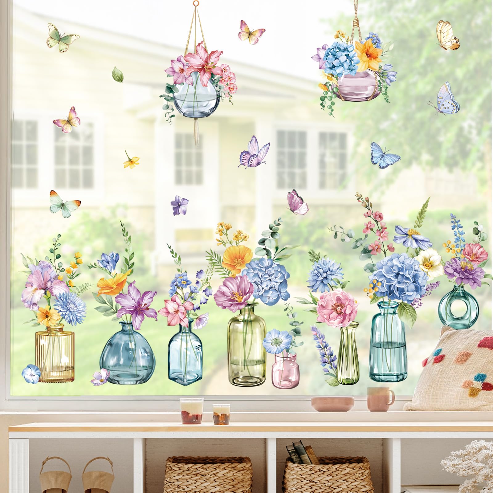 decalmile Spring Summer Potted Flowers Vase Window Clings Double Sided Blue Purple Wildflower Butterflies Window Decals Anti-Collision Glass Window Doors Window Stickers - Image 4