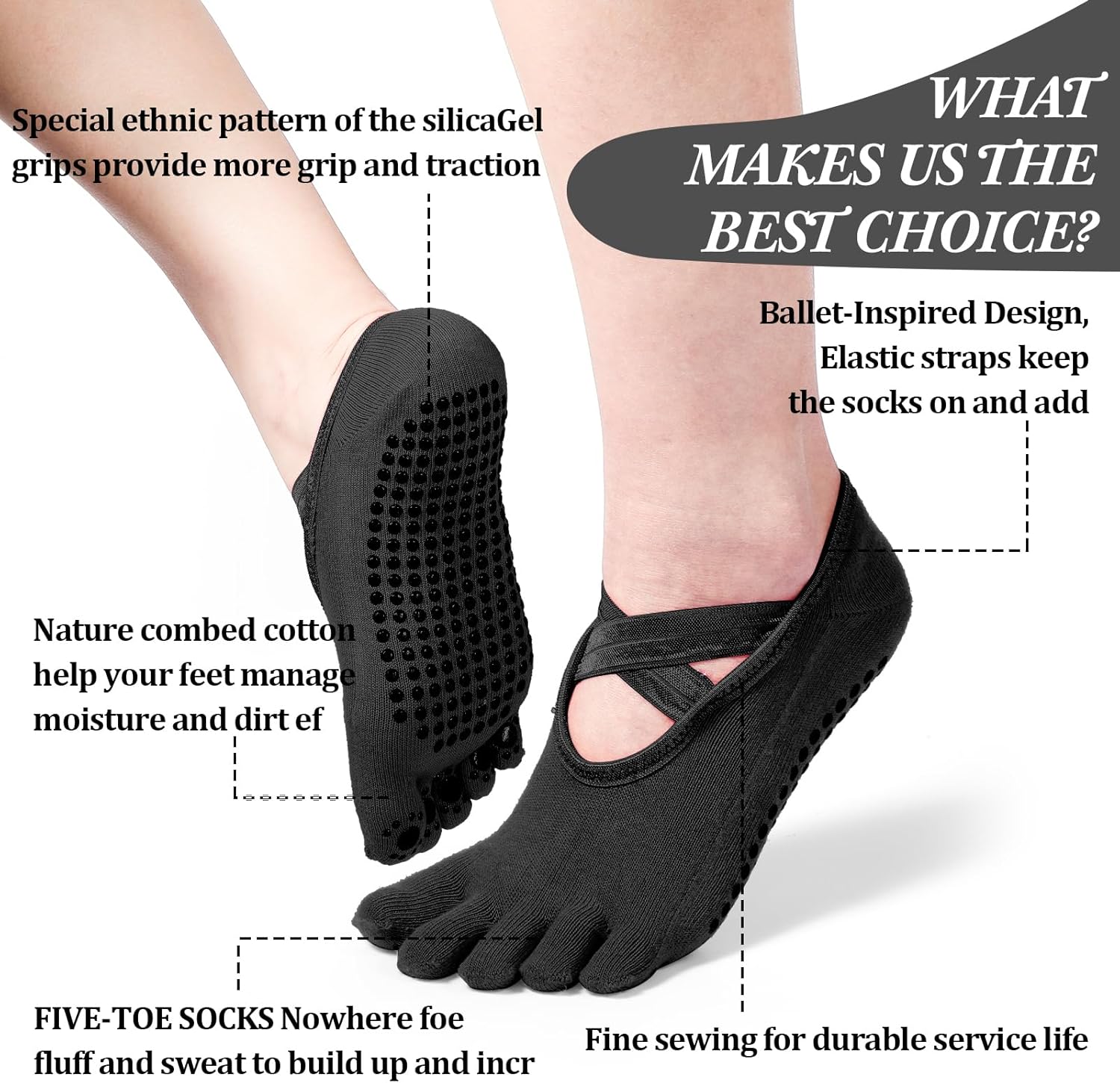 SATINIOR 7 Pairs Yoga Toe Socks with Grip Women Non Slip Sticky Full Toe Socks for Pilates, Ballet, Dance, Barefoot (Black) - Image 2