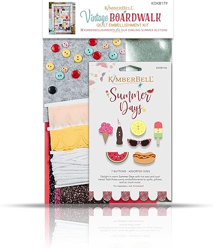 Kimberbell Kit de adornos vintage (32 piezas) incluye botones KDKB184 para días de verano, cuero bordado, cinta, vinilo, par con bordado a máquina y