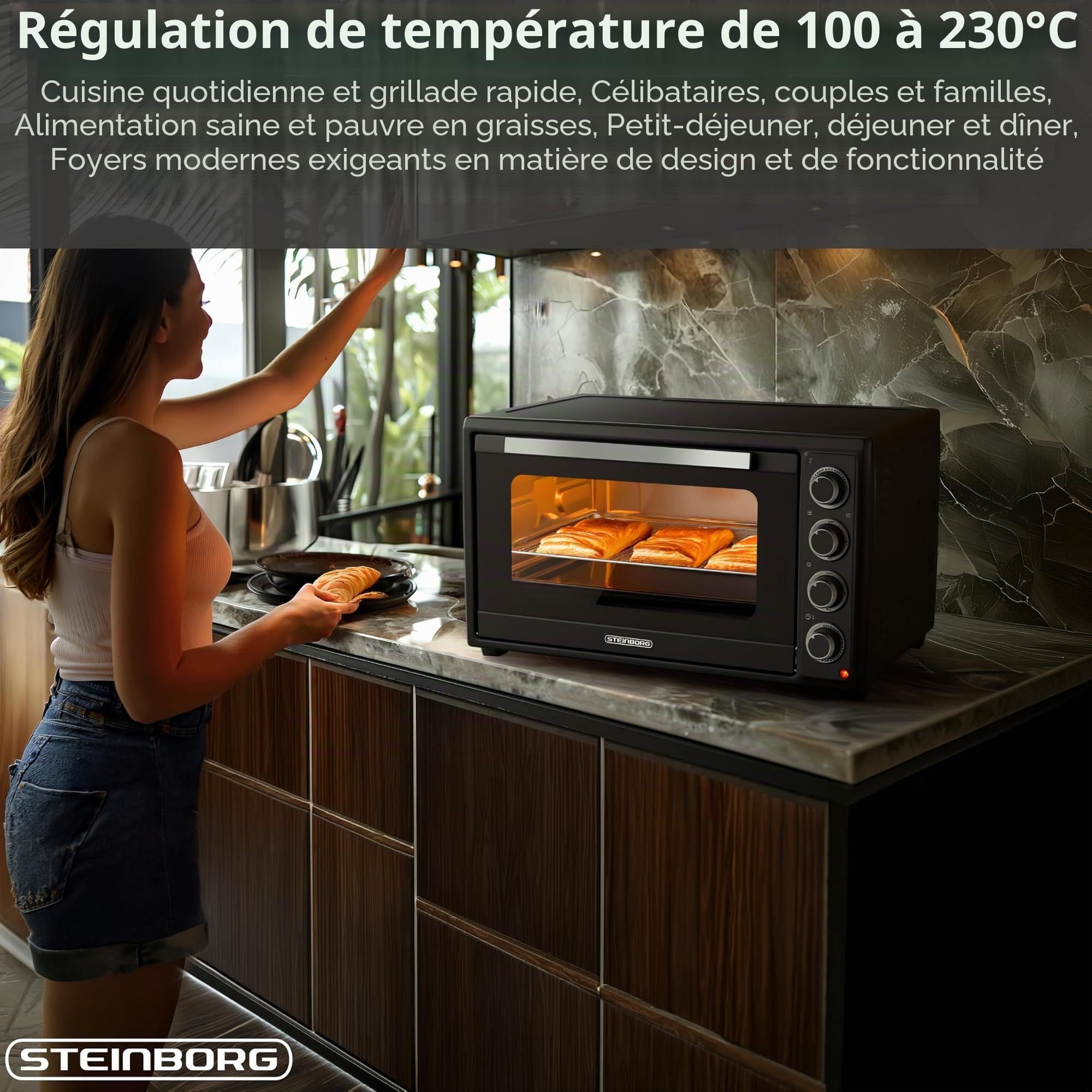 Steinborg® Mini four à pizza 3 en 1 3 en 1 avec chaleur tournante et tournebroche, 2000 W, taille XXL, 100 à 230 °C, minuterie 60 min, chaleur de voûte/sole et convection, four à pizza 3 en 1, avec