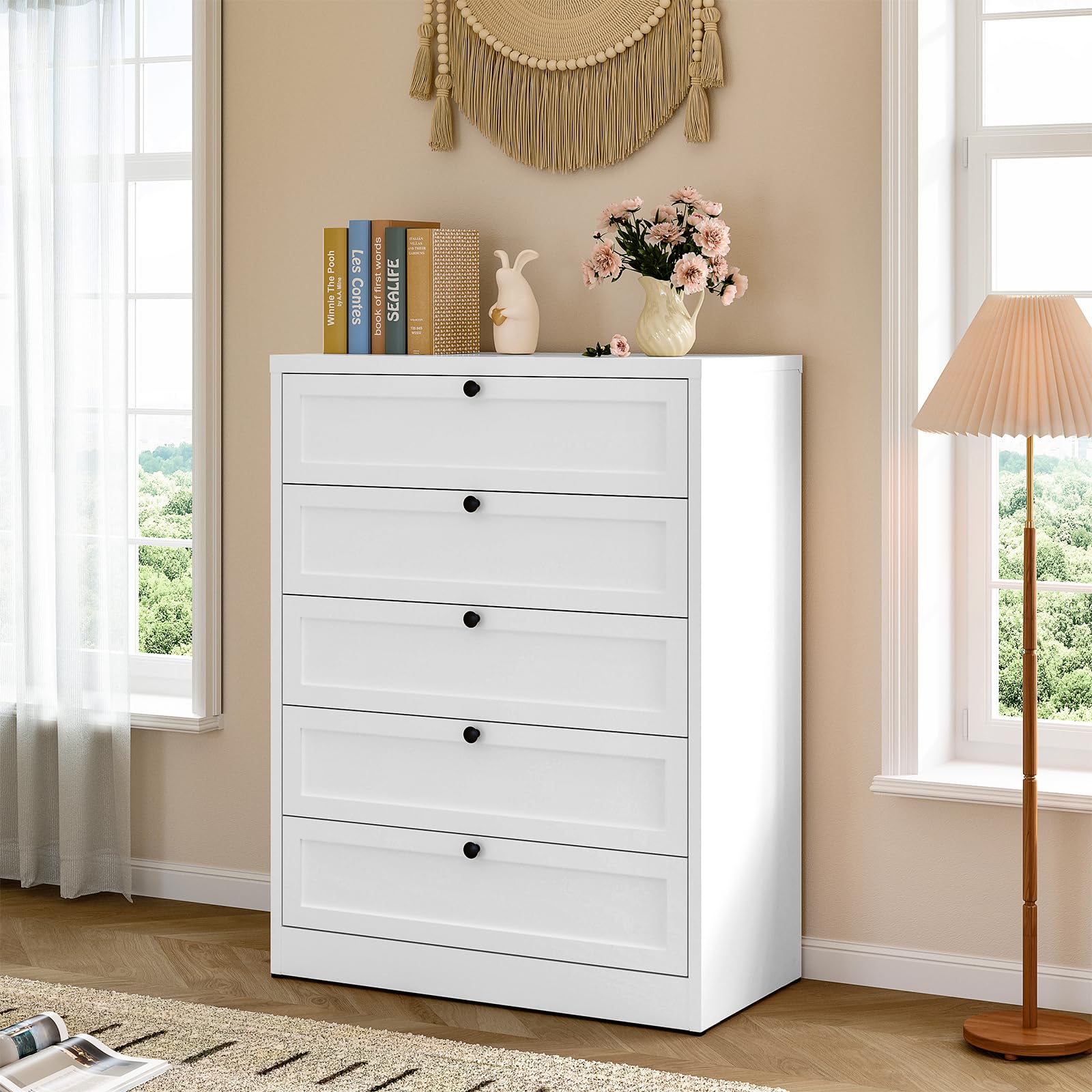 Sightlife Meuble de Rangement, Commode Blanche à 5 tiroirs, Meuble de Rangement pour Chambre, Bureau, entrée, Style comtemporain 121 x 80 x 40 cm