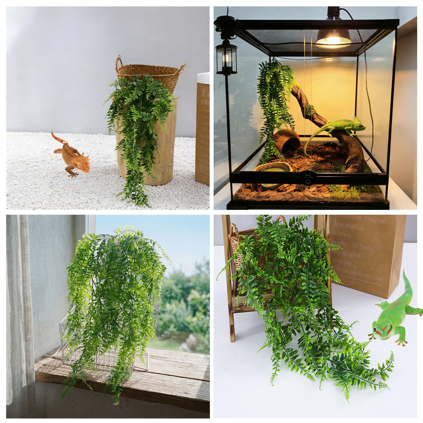 4-en-1 Plantes Suspendues et Hamac pour Reptiles – Ensemble de Décoration de Terrarium pour Reptiles avec Lianes Flexibles & Ventouses – Idéal pour Lézard, Caméléon, Gecko, Tortue (Vert)