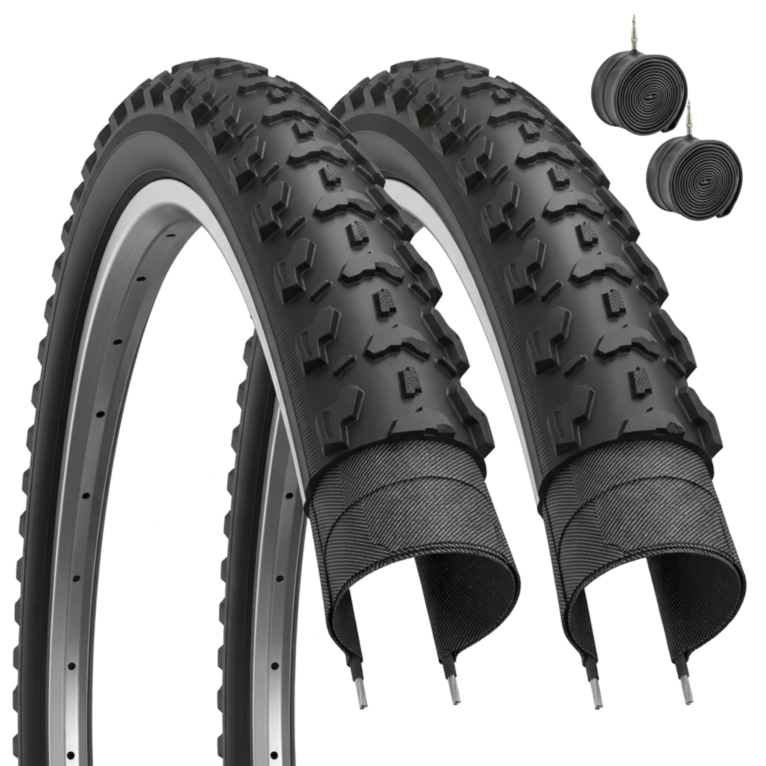 Ecovelo Kit 2 Pneus VTT 26x1,95 (53-559) + 2 Chambres à Air – Noir, Haute Pression 65 PSI, Protection Anti-crevaison, Butyle