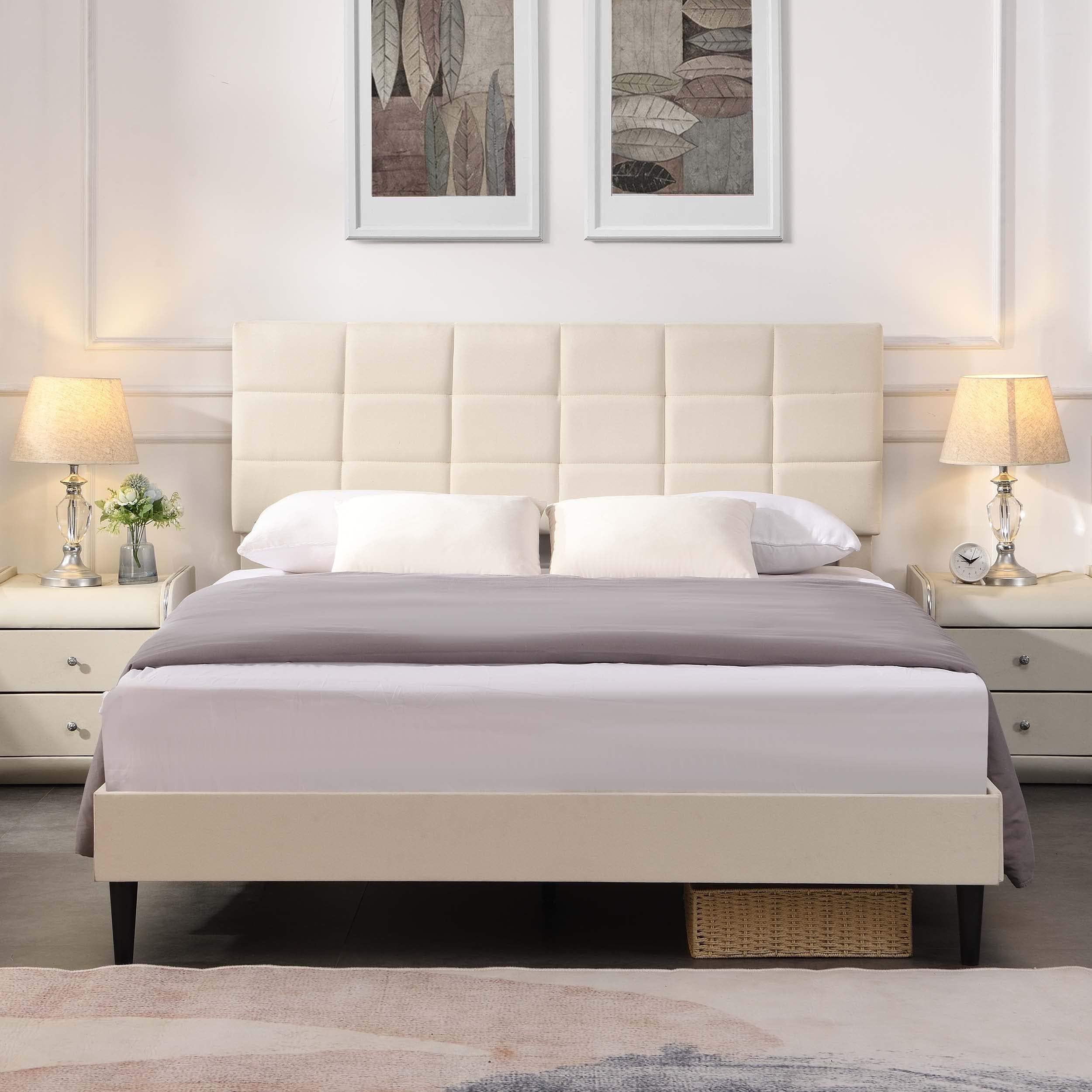 QueenSize Platform Bed Frame with Fabric Upholstered