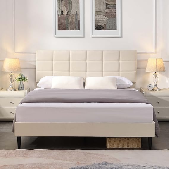 QueenSize Platform Bed Frame with Fabric Upholstered