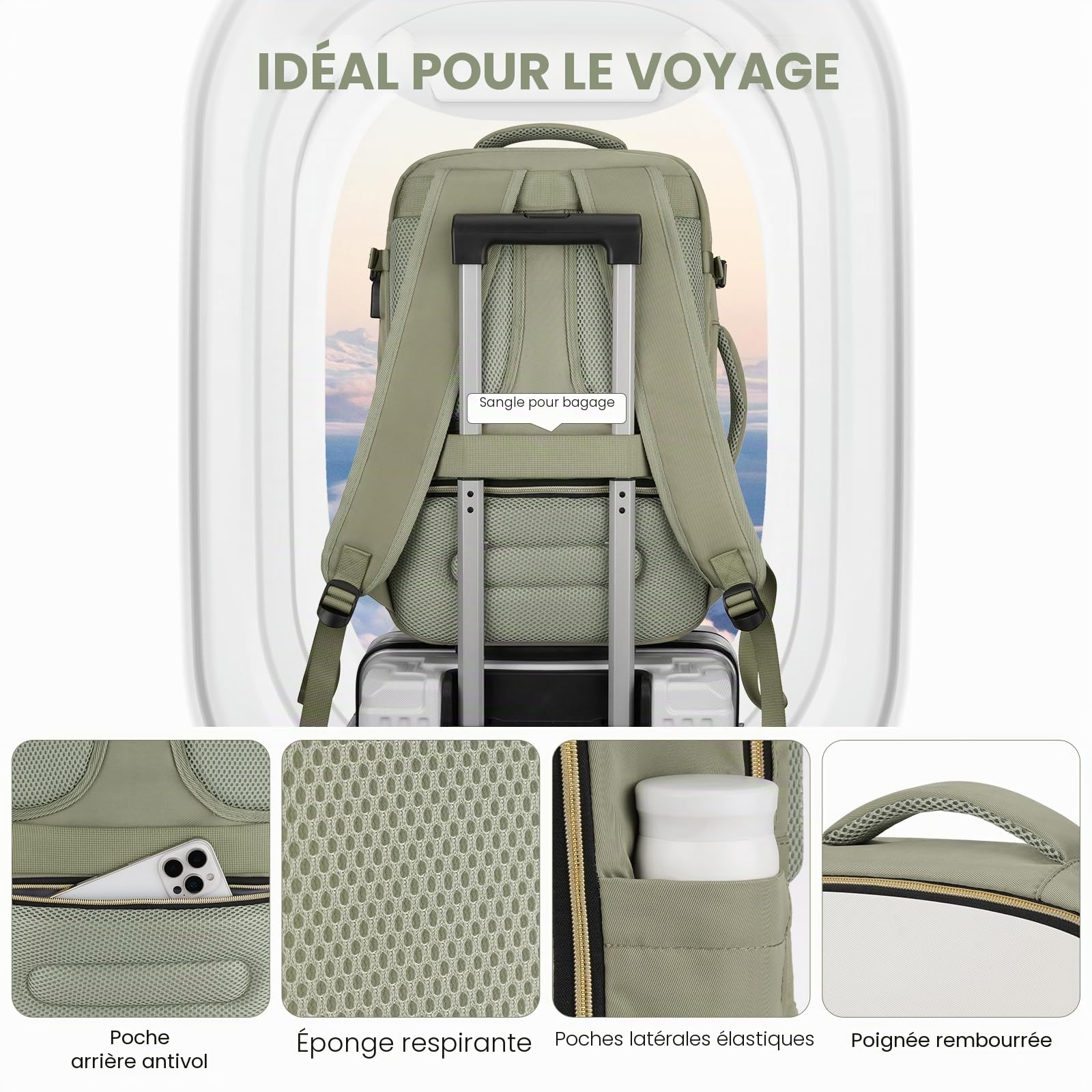 YAMTION Sac à dos de voyage cabine femme Vert avec 4 cubes de rangement, sac de week-end adapté aux vols, idéal pour les affaires, la randonnée, le travail, l'école et les études
