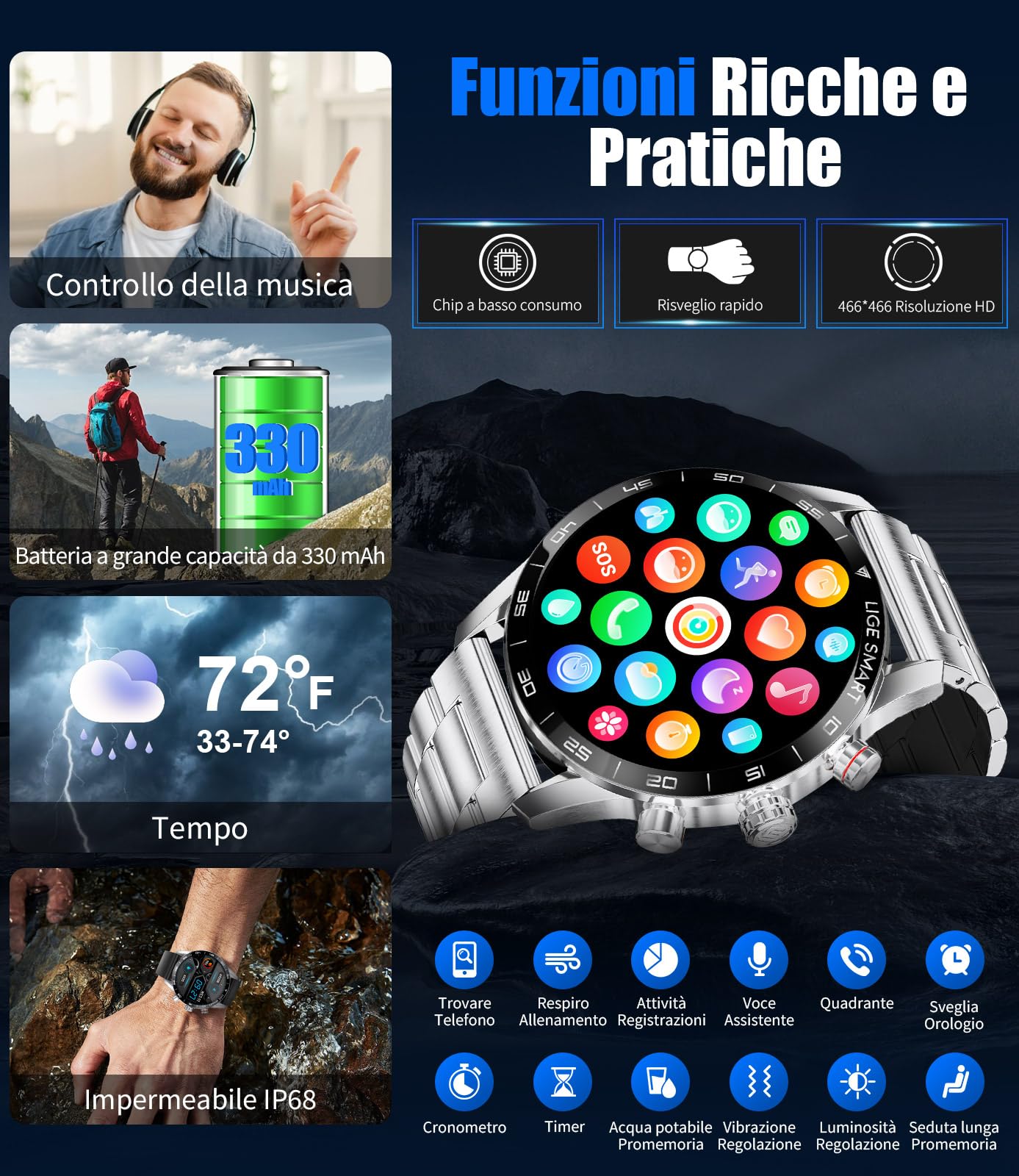 LIGE Smartwatch Uomo con Chiamate e Assistente Vocale, 1,43'' AMOLED, Durata Batteria di 15 Giorni, 24H Cardiofrequenzimetro, 124 Modes Sportifs, Orologio Smartwatch per Android iOS, Argento