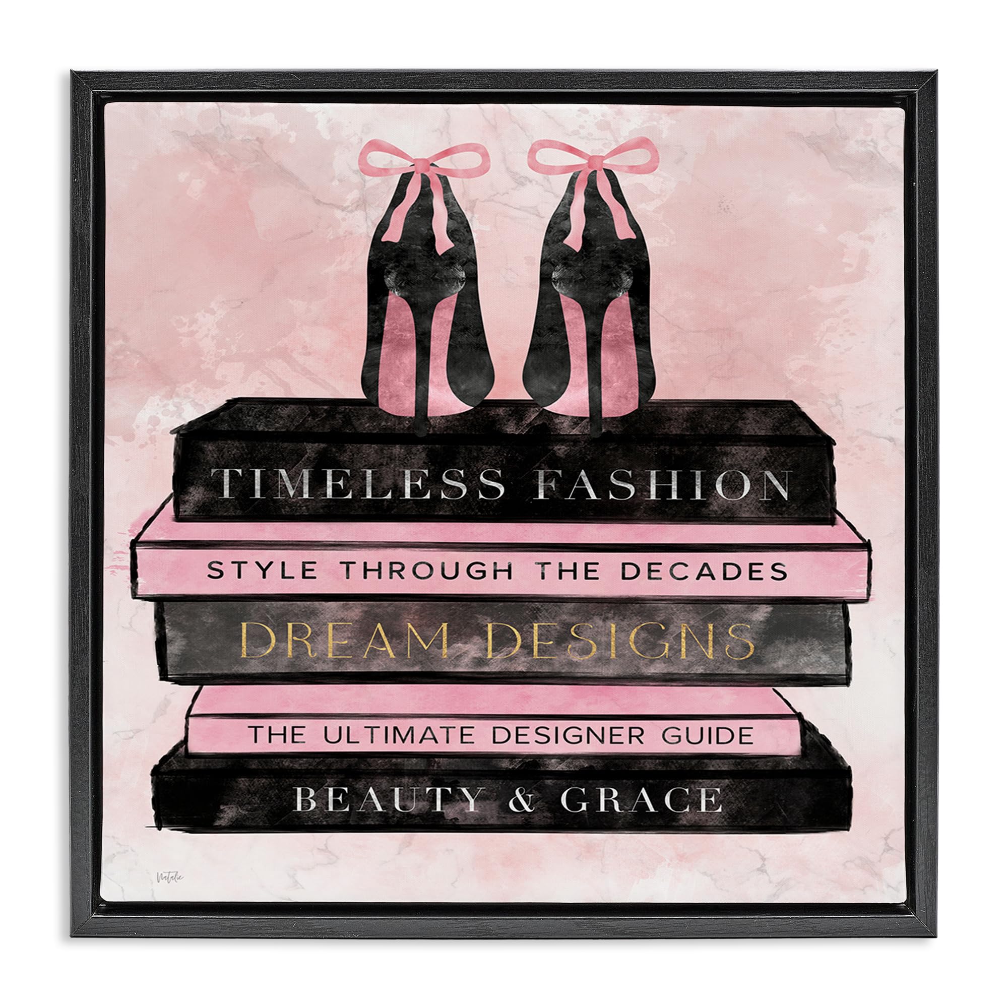 Stupell Industries Jet Black (Matte) 'Blush Fashion Book Stack'| Floating Frame Canvas Art
