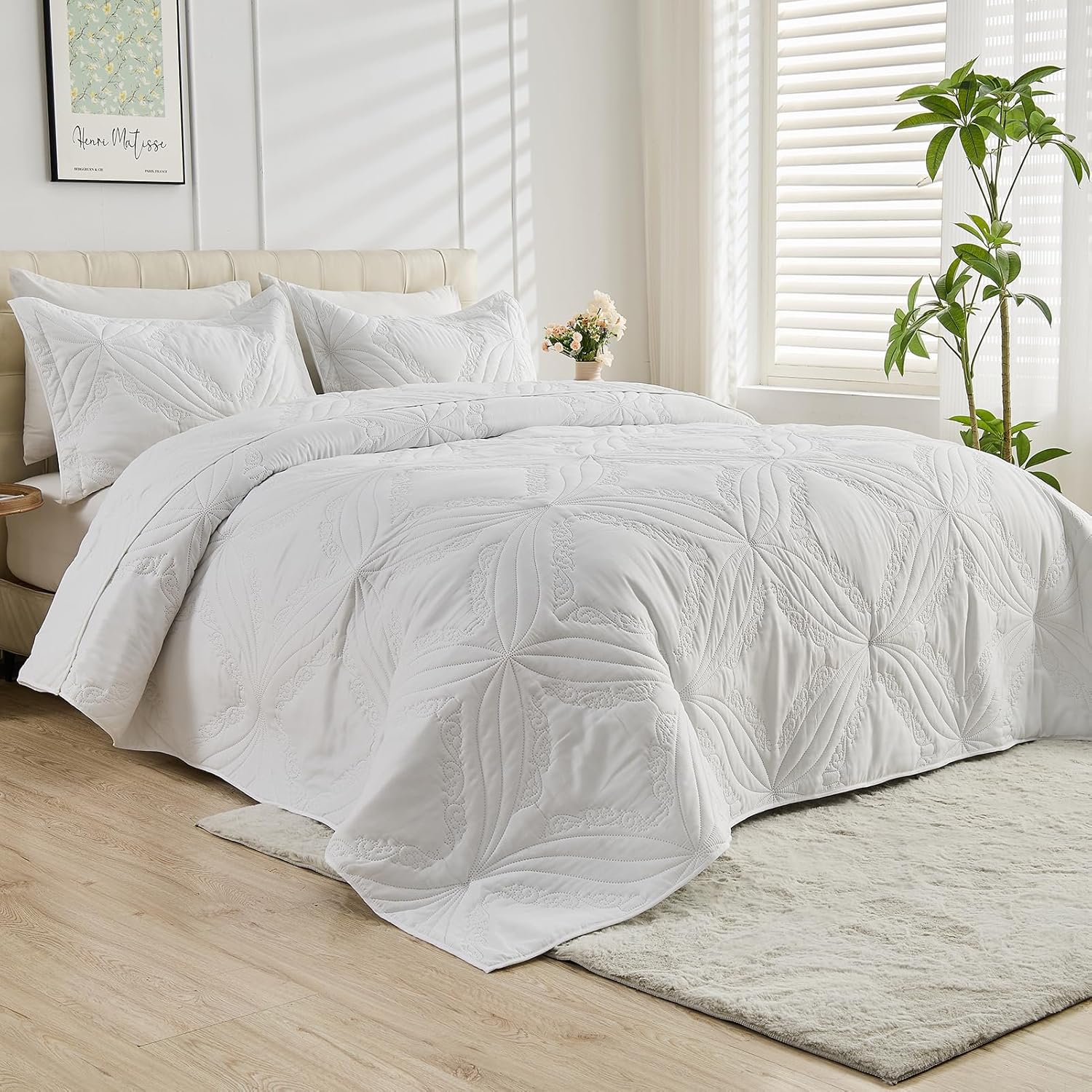 Kingnex Oversized King Bedspreads 128x120 for Tall King or Cal King Bed Ultrasonic Quilted Coverlet Set 3 Piece Include 1 Extra Wide Quilt 2 Pillowcases Blue