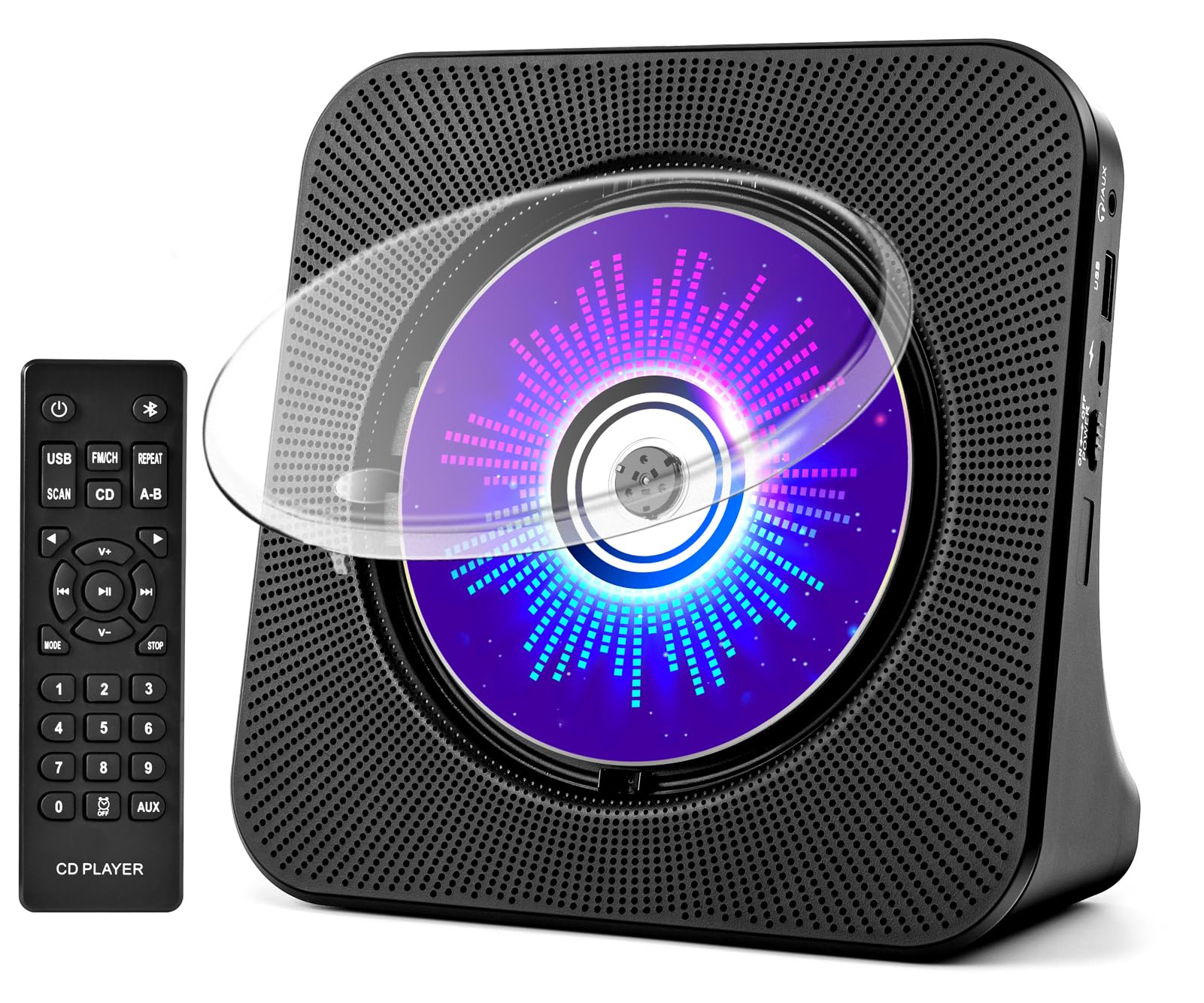 Desktop CD Player with Speakers, ROADOM CD Players for Home, Portable CD Player with Bluetooth Hi-Fi Stereo Sound,Remote Control,Supports CD/Bluetooth/FM Radio/U Disk/AUX/Timer/Repeat,Black