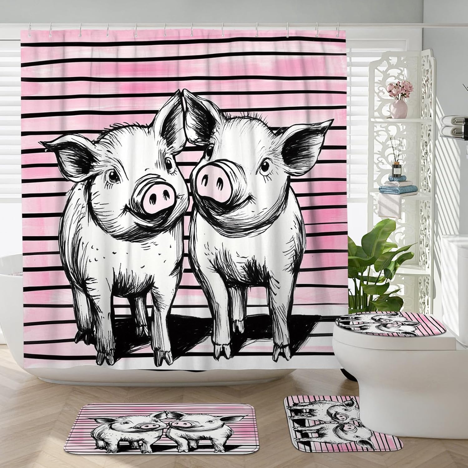 4PCS Cute Cartoon Pig Bathroom Accessory Sets with Non-Slip Rug, U Shape and Toilet Lid Cover Mat, Funny Cool Colorful Stripes Kid Bathroom Fabric Decor-72''x72''