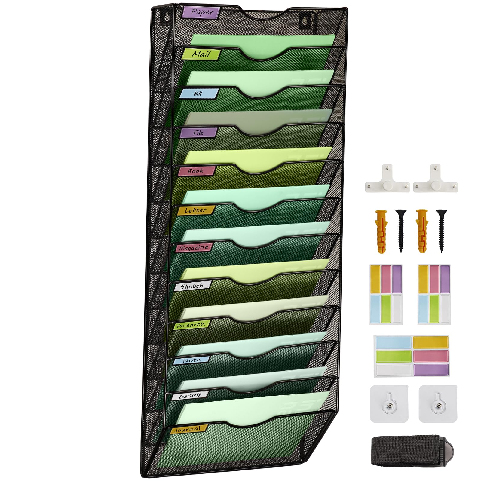 IOUGDSEC 12 Tier Mesh Hanging File Organizer Vertical Wall File Organizer Wall File Holder for Office School Home, Nametag Label Hooks Set Included