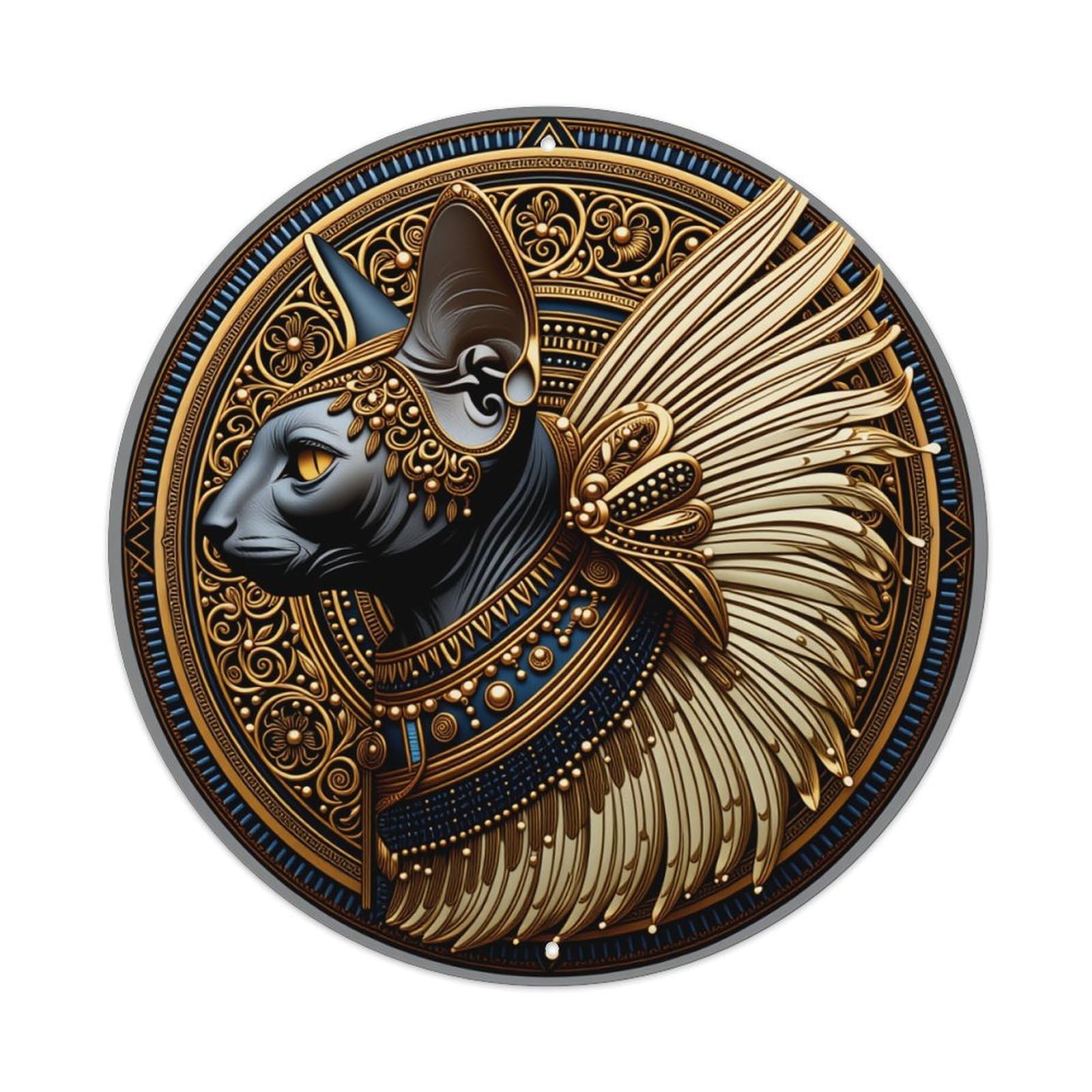 Egyptian Cat Winged Gold Pattern Round Tin Sign Vintage Style Metal Sign Home Bar Garden Wall Plaque Decor Metal Poster 8x8 Inch