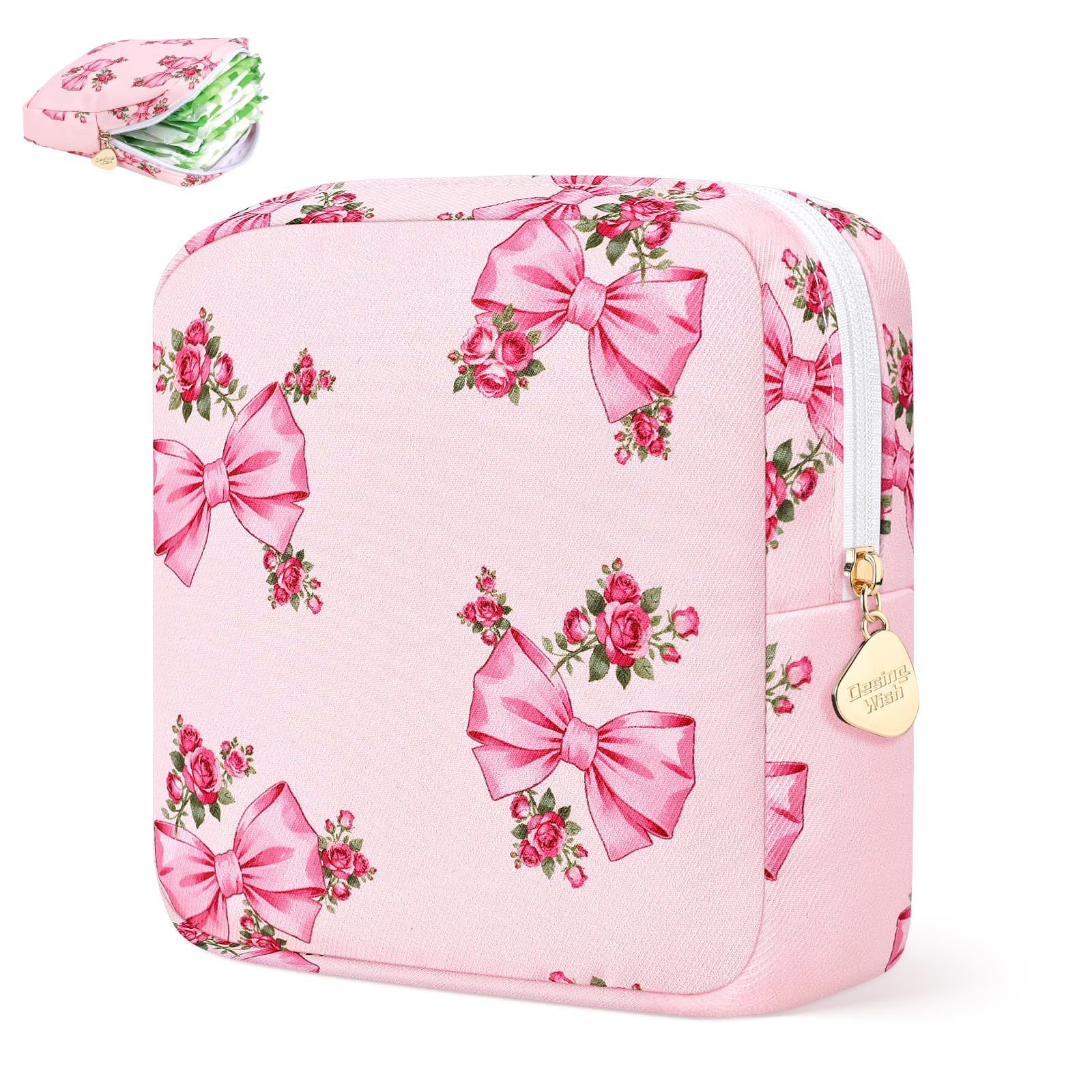 Sanitary Pad Storage Bag Portable Period Bag for Teen Pads/Sanitary Napkins/Small Tampons, Sanitary Napkin Storage Bag First Period Gifts for Teen Girls (Pink Rose Bowknot)