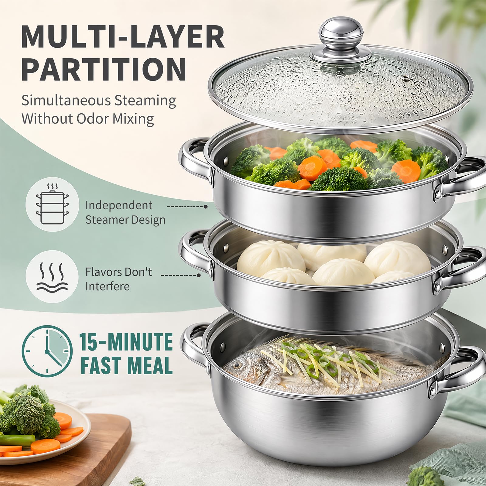 Olla para cocinar al vapor con tapa, 28 cm, acero inoxidable, con inserto de vapor, 3/4 niveles (3 pisos)