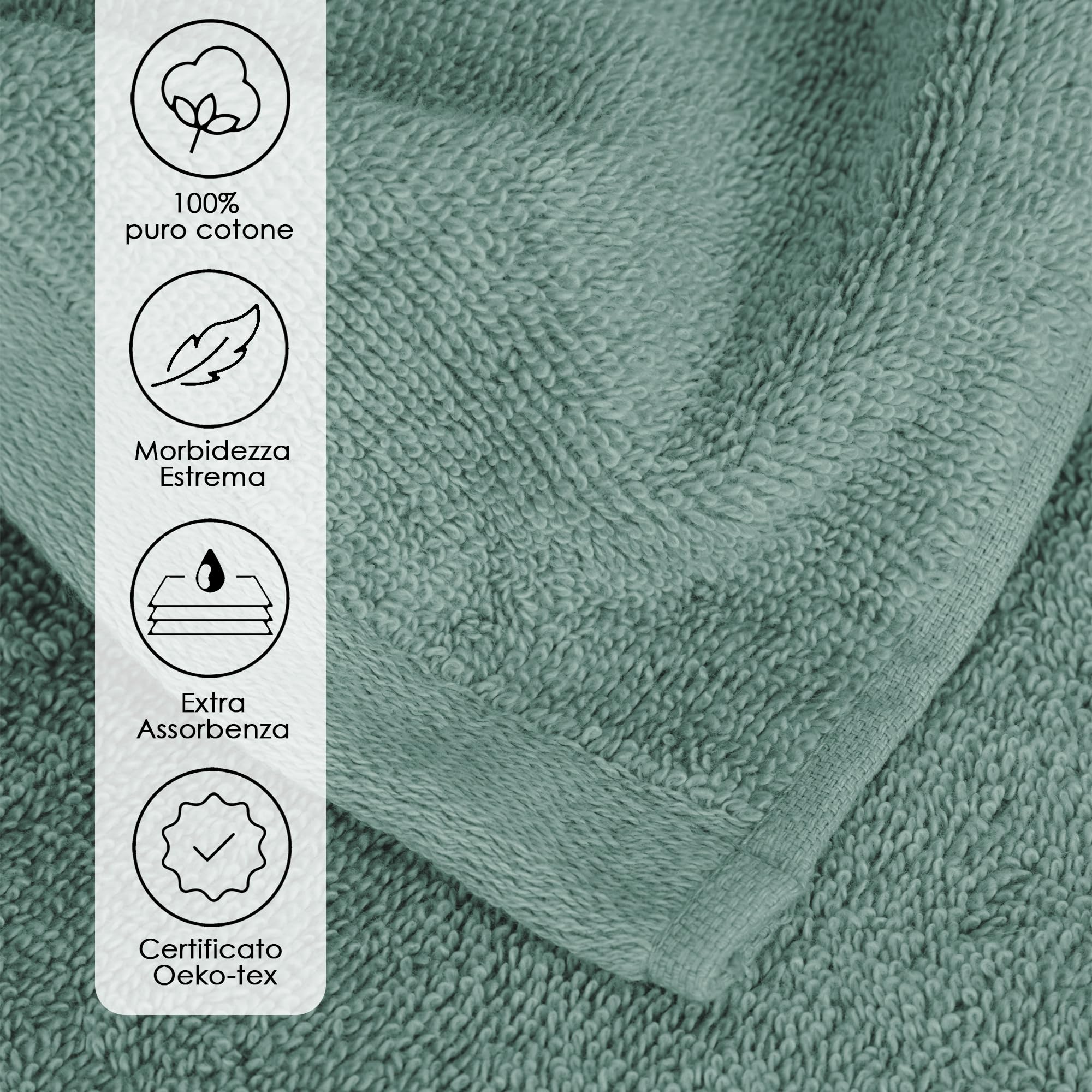 Ruggeri - Set 3 Asciugamani Bagno in 100% Cotone Extra Morbido e Assorbente | Telo Bagno 70x140 cm + Asciugamano Viso 50x100 cm + Asciugamano Ospite 40x50 cm (Verde)