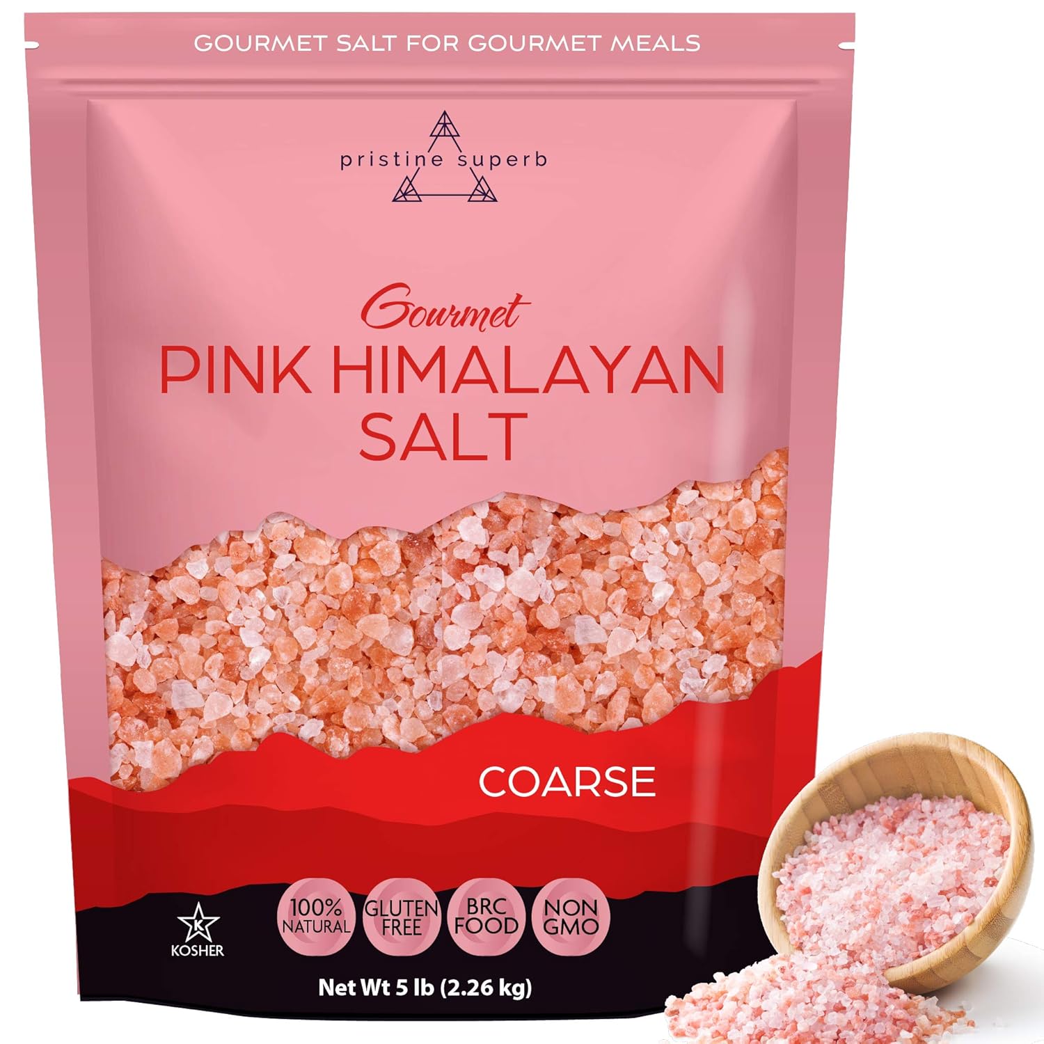 Pristine Superb Pink Himalayan Salt - Coarse Grain - ALL Natural Organic Compliant, Kosher Certified, Superior to Sea Salt - Gourmet Pure Crystal Nutrient, Mineral Dense for Health (5 Lb Bag) : Grocery & Gourmet Food