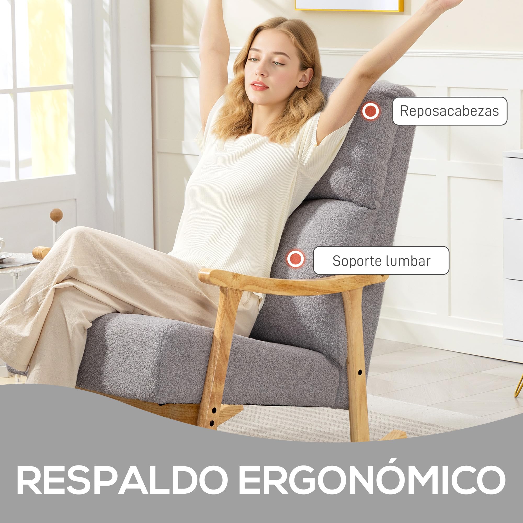 HOMCOM Silla Mecedora de Borreguito Moderna, Mecedora con Patas y Reposabrazos de Madera de Caucho, Respaldo Alto, Carga 120 kg, para Dormitorio, Salón, Gris Claro