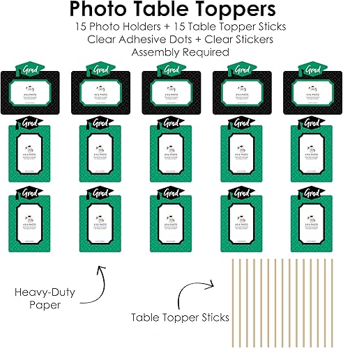 Miniatura 5 de Green Grad - Kit de centro de mesa para fotos de graduación  15 palos de mesa de fotos de doble cara, soportes verticales y horizontales de 4 x 6