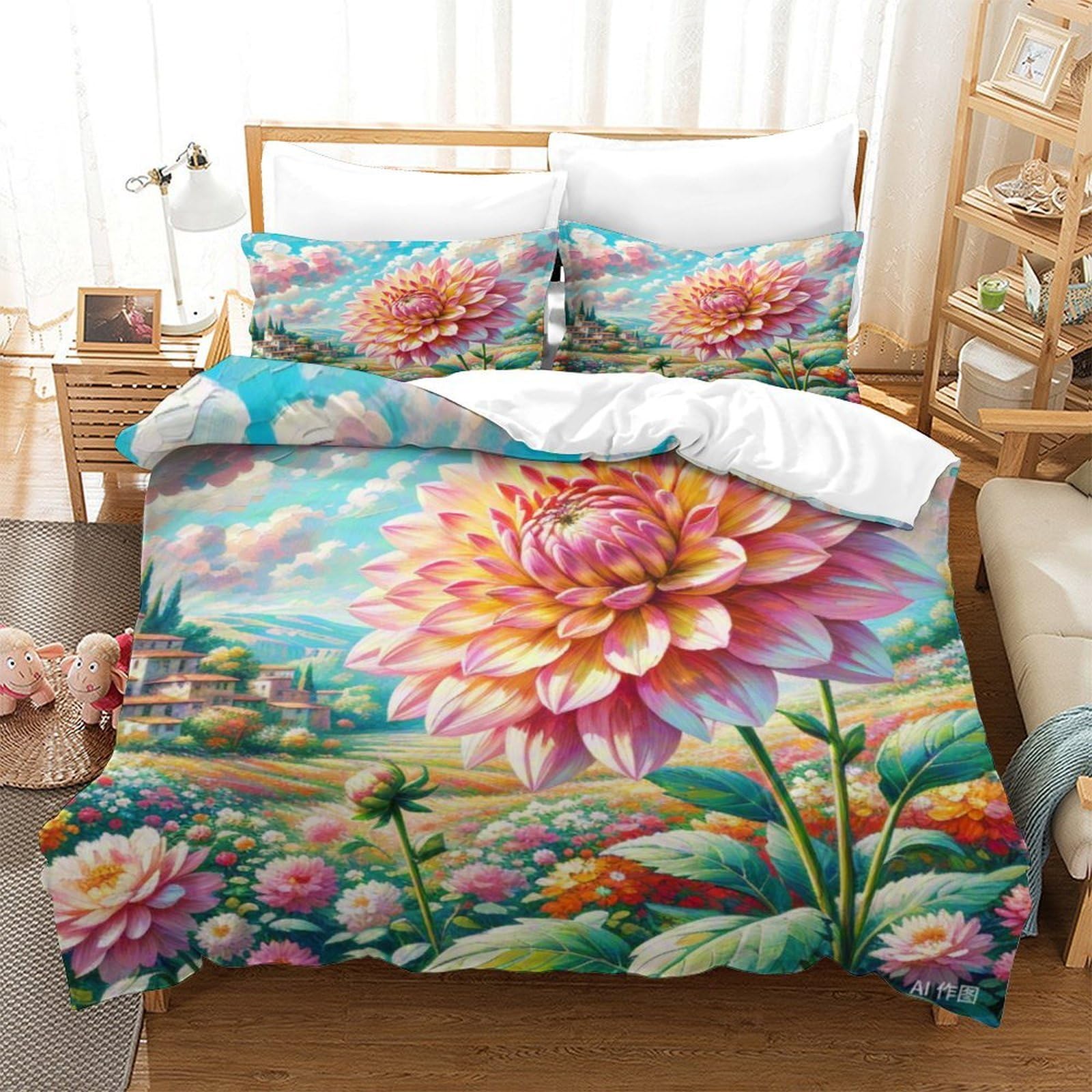 Housse de couette 260x220 en microfibre douce avec zip taie d'oreiller lit 3D