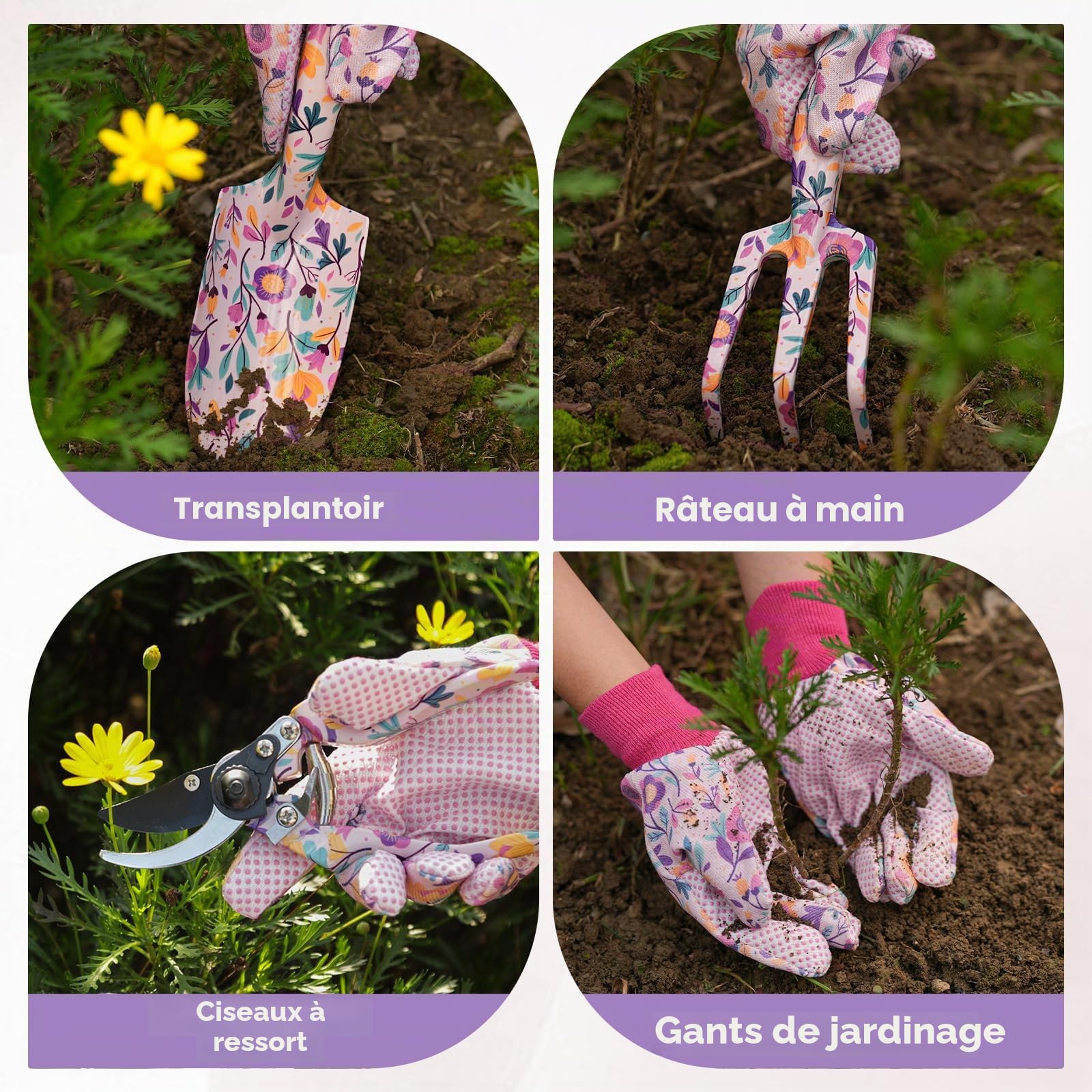 Velway Ensemble d’Outils de Jardinage 5 Pièces – Outils de Jardin à Motif Floral en Métal avec Gants, Sac de Rangement & Coffret pour Femmes, Fête des Mères, Noël, Anniversaire