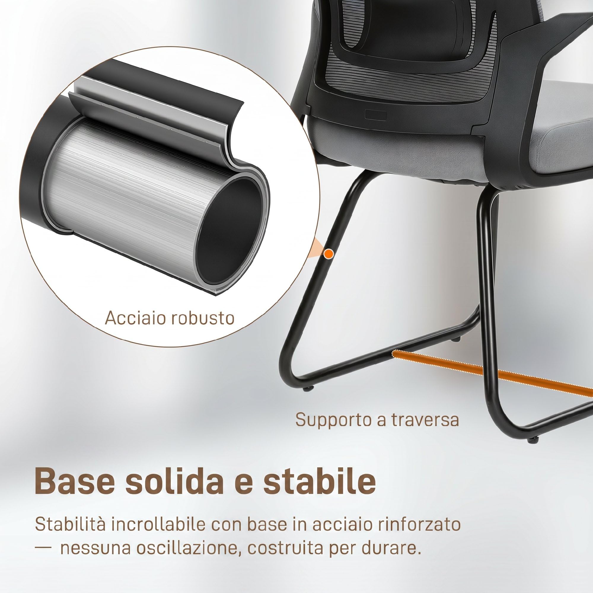 HOMCOM Sedia Ufficio Senza Ruote, in Tessuto Rete Traspirante Grigio Scuro | Sedia per Sala d'Attesa e Sala Conferenze, Supporto per Lombare, Braccioli, Poltrona Ergonomica per Ospiti e Visitatori