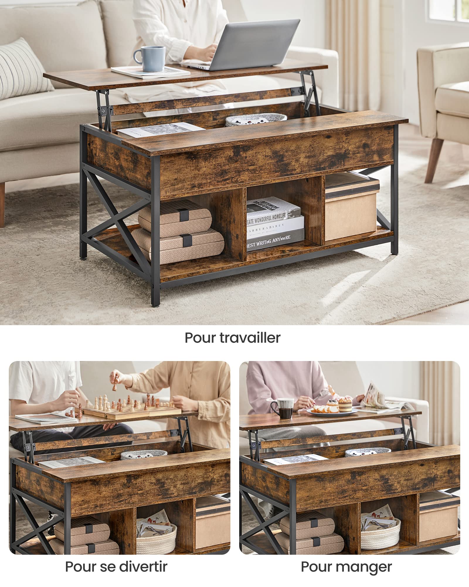 VASAGLE Table Basse, Table de Salon avec Plateau Relevable, avec Rangement Ouvert et Compartiment Caché, Barres en Forme de X, 60 x 100 x (48-62) cm, Marron Rustique et Noir LCT205B01