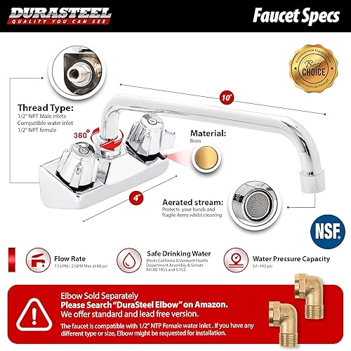 Miniatura 19 de DuraSteel Grifo de fregadero de cocina comercial, sin plomo, 4 pulgadas, montaje en pared central, grifo de fregadero de mano con boquilla de cuello