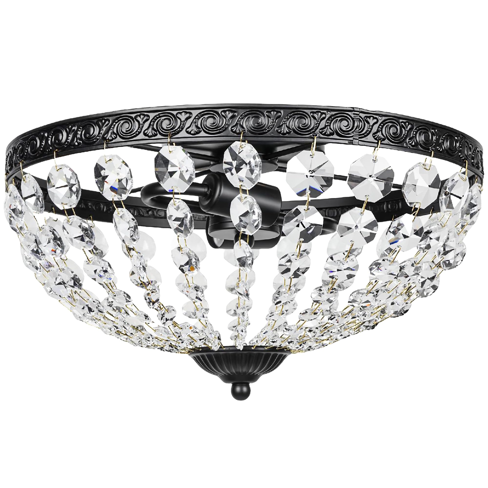 Homcom Black Crystal Chandelier Ceiling Light With 168 Octagonal Beads, Vintage 2-Light Flush Mount Ceiling Light For Living Room, Bedroom, Hallway, Dining Room,