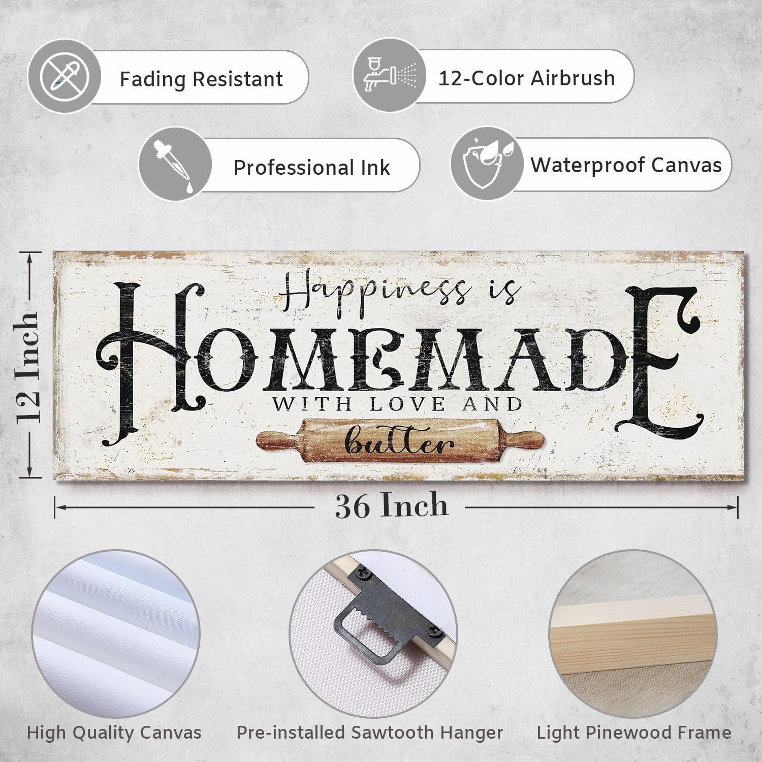 Happiness is Homemade with Love and Butter Sign Funny Kitchen Sign Decor for Counter Pantry Rustic Farmhouse Style Wall Décor Shabby Chic Family Wall Plaque Decoration Housewarming Gift, 12 x 36 Inch