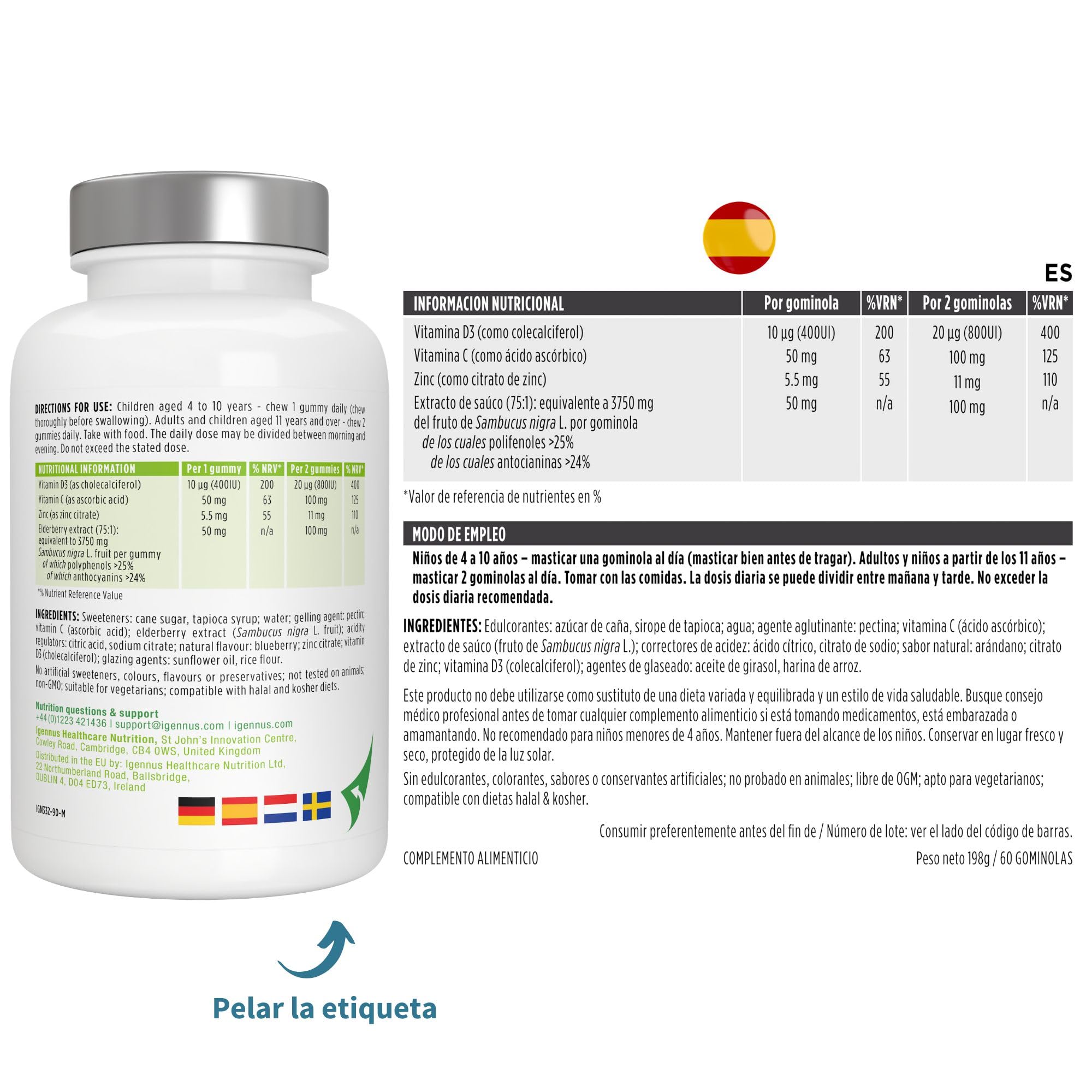 Igennus Elderberry Gummies para las Defensas Inmunitarias para Niños 4+ y Adultos, Complejo 4 en 1 con Vitamina C, Zinc y D3, Concentración 75:1, Sabor Natural, 90 Gominolas de Saúco Vegetarianas