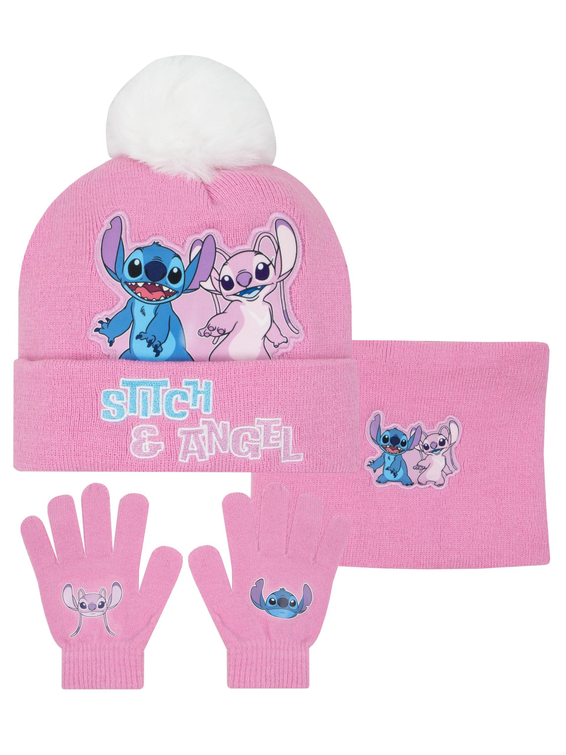 Disney Stitch Hat And Gloves 3 Piece Set | Girls Bobble Hat And Snood Set | Winter Hats For Kids | One Size Pink