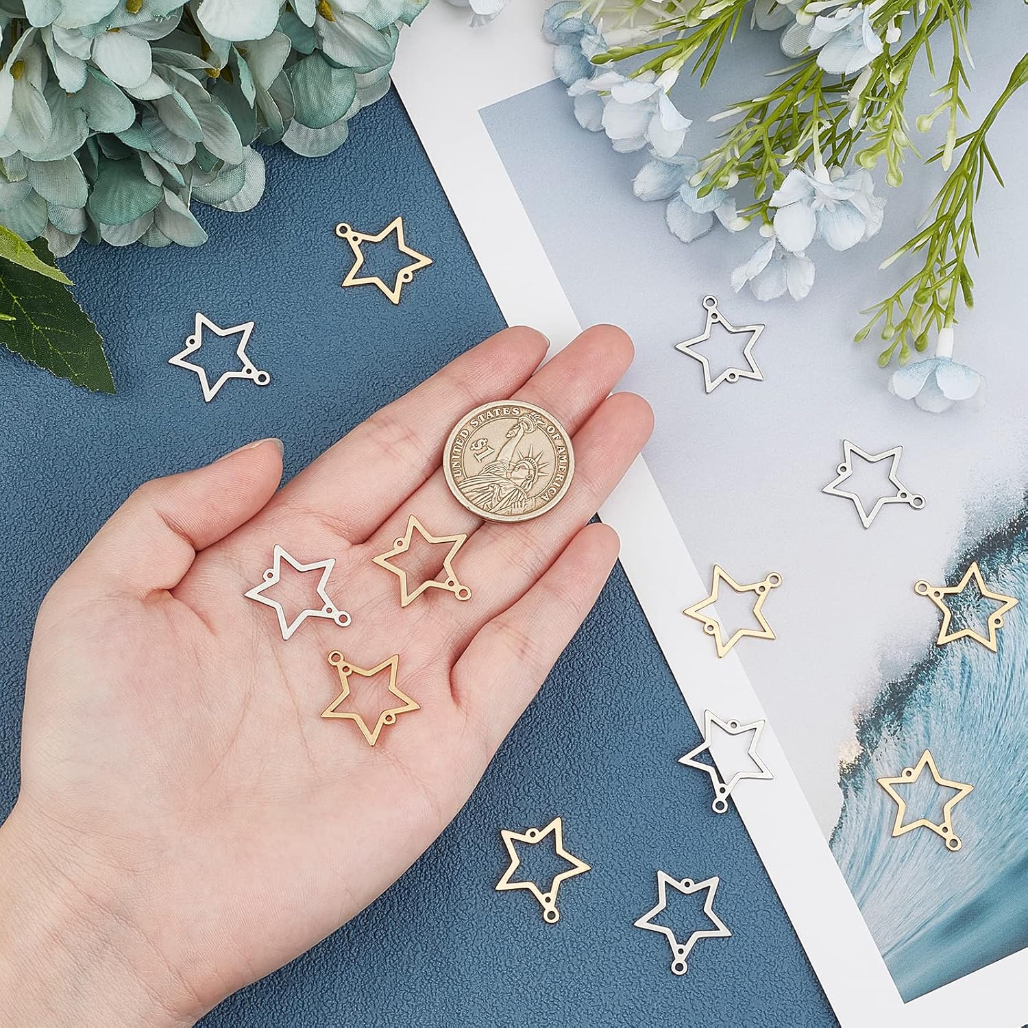 UNICRAFTALE 36pcs Star Chandelier Component Links Stainless Steel Links Charms Golden & Stainless Steel Color Metal Charm for Jewelry Making 1-1.5mm Hole - Image 3