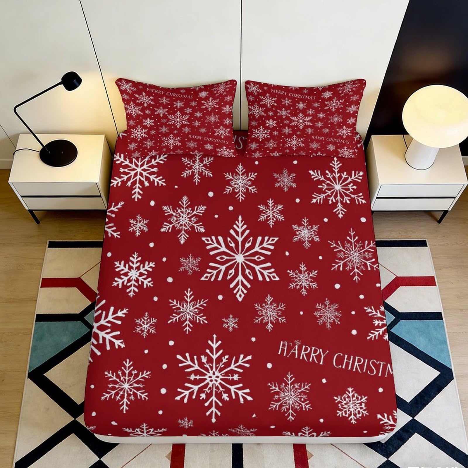Jqzkxnhpbr Style-1 3D Printed Snowflake Christmas Red Fitted Sheet Microfiber Soft Bed Cover For Bedroom Guest Room Dustproof Decor 90X200x25cm