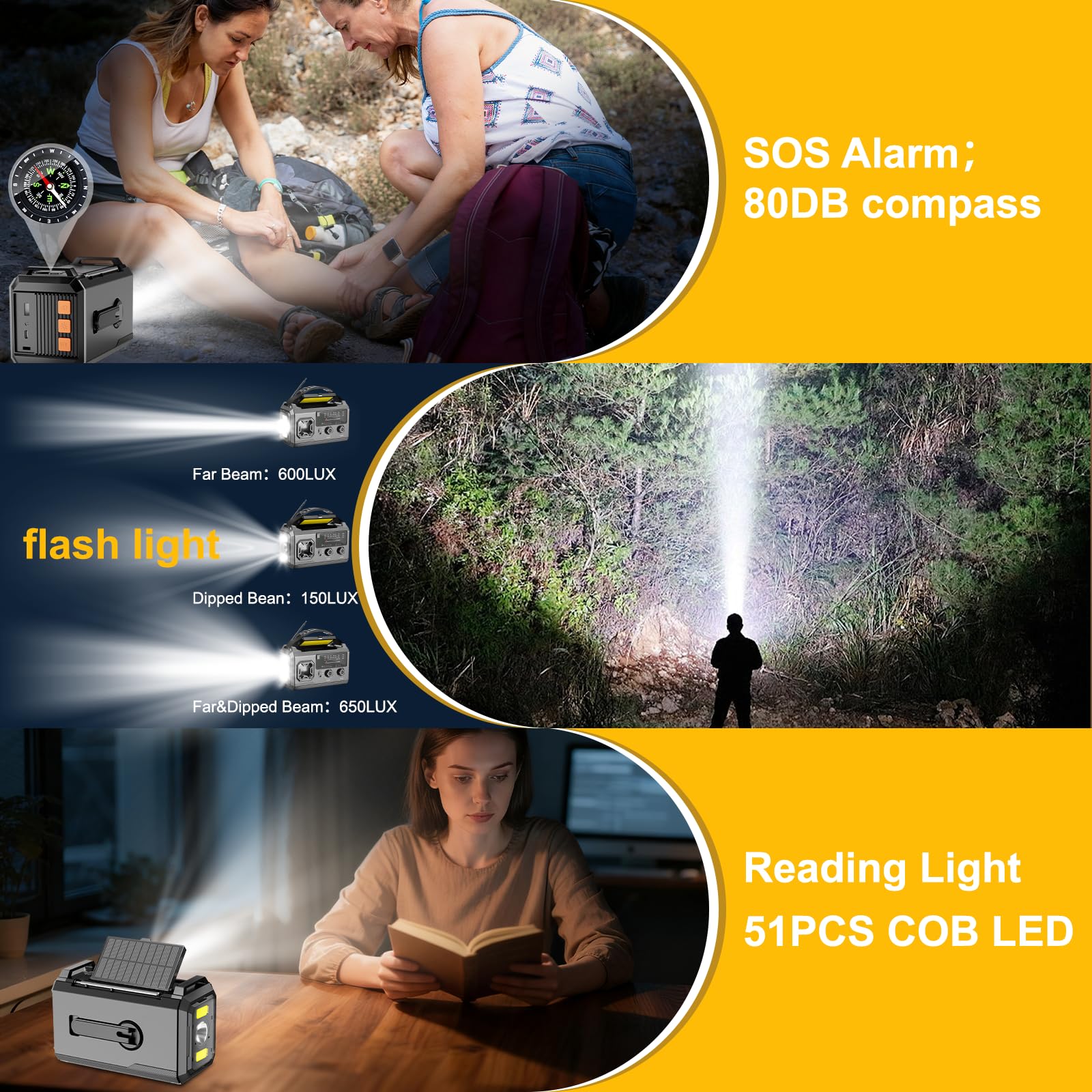 Radio à manivelle 27000mAh, Radio FM/AM d'urgence avec Bluetooth, Radio solaire portable avec chargeur de téléphone, Radio d'urgence avec alarme SOS/lampe de poche/boussole pour camping, plein air
