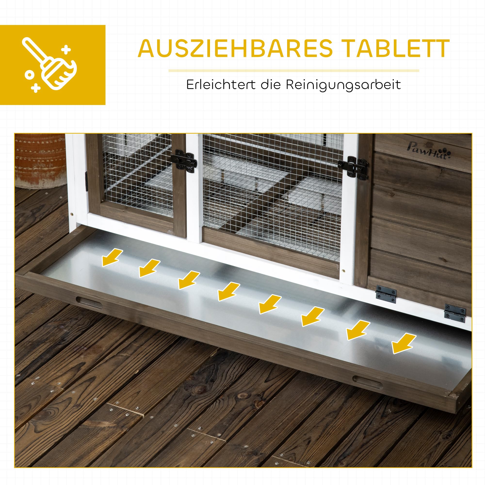 PawHut Zwergkaninchenstall aus Holz mit Rädern 108 x 58 x 73,5 cm Kaffee | Kleintierstall mit Freilaufgehege, Klappdach, Zwergkaninchenkäfig mit Ausziehbarem Tablett, für Indoor, Outdoor