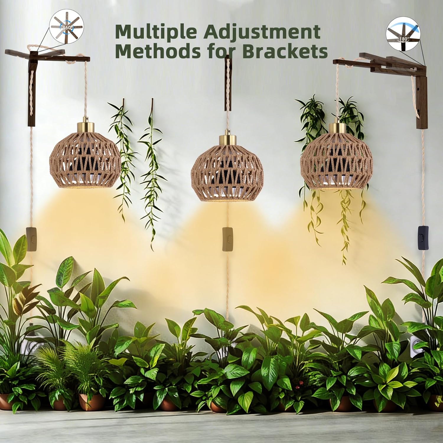 Hanging Grow Lights for Indoor Plants - 35W 4000K Full Spectrum Plant Light, Wall Mounted Grow Light with Wooden Bracket, Timer, 15FT Power Cord, Ideal for Plants, Flowers & Home Decor