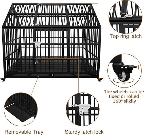 Miniatura 6 de Jaula para perros indestructible resistente de 54 pulgadas con alfombra, a prueba de escapes, con ruedas bloqueables, puerta doble de alta ansiedad