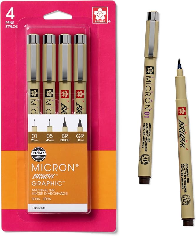 50040 4-Piece Pigma Drawing Brush Pen Set, Sepia | Archival Ink Pens for Writing, Drawing, or Journaling, Fade Resistant, Consistent Color, Professional Quality