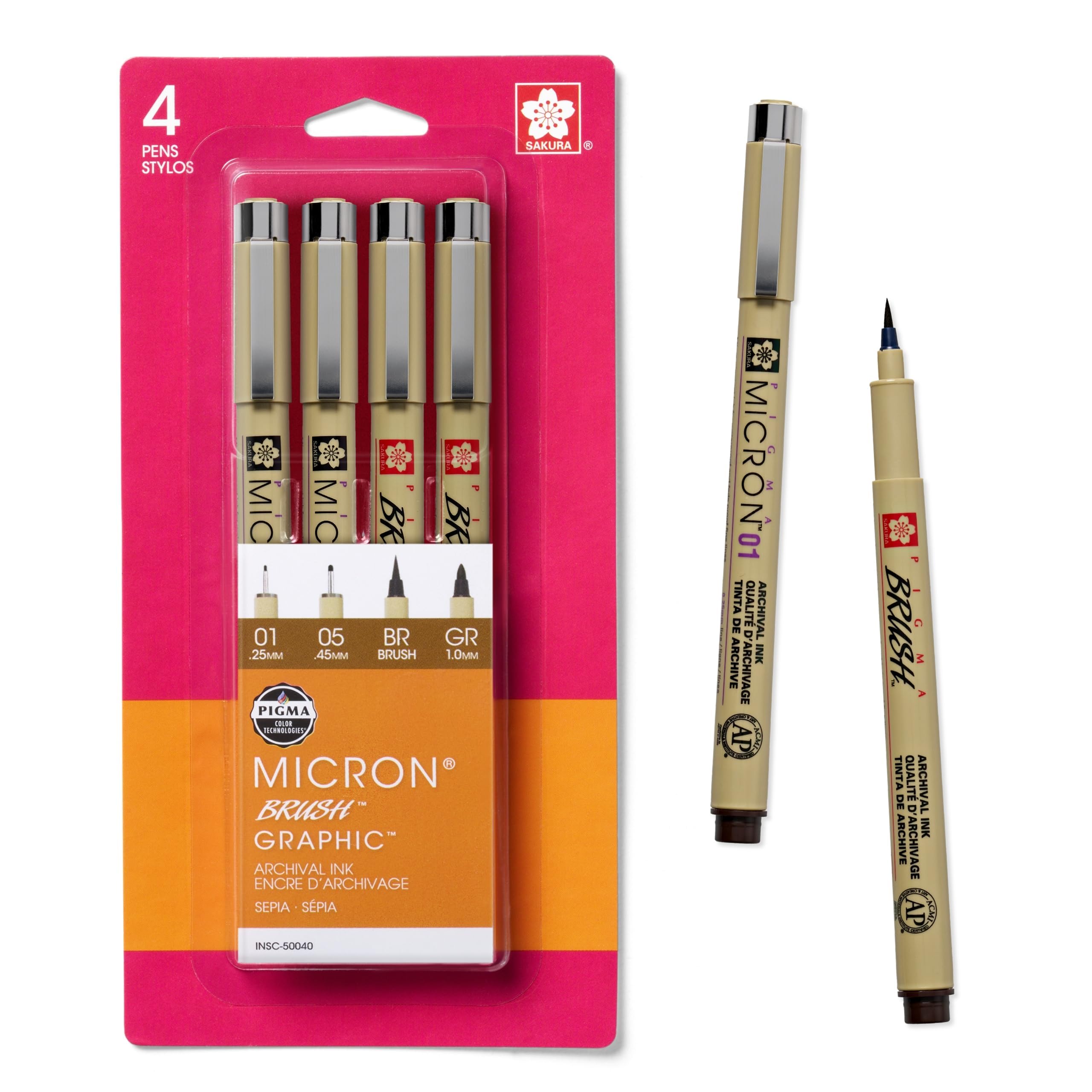50040 4-Piece Pigma Drawing Brush Pen Set, Sepia