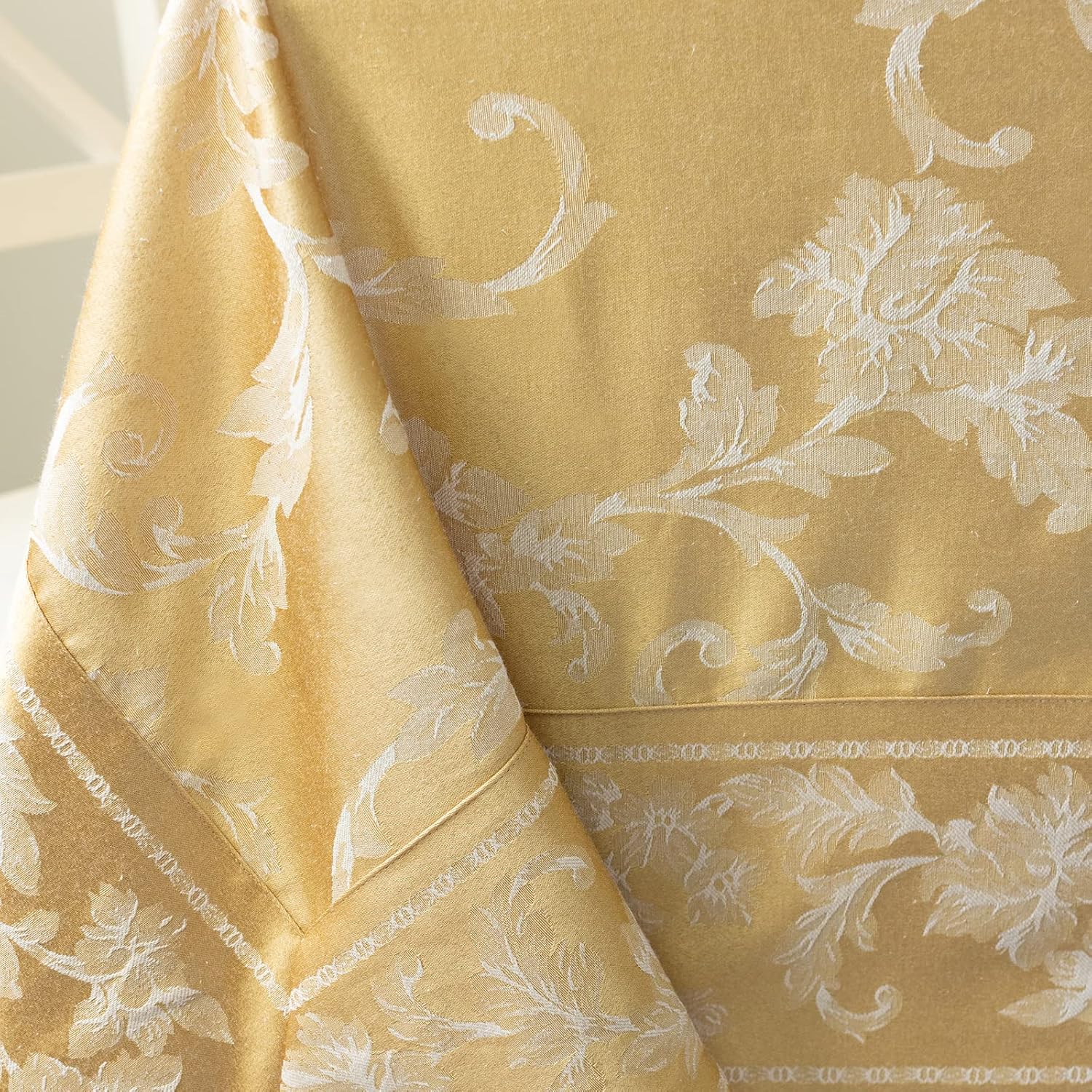 Benson Mills Harmony Scroll Woven Damask Fabric Tablecloth, Everyday, Parties, Special Occasions, Weddings and Holiday Table Cloth (60" X 104" Rectangular, Gold)
